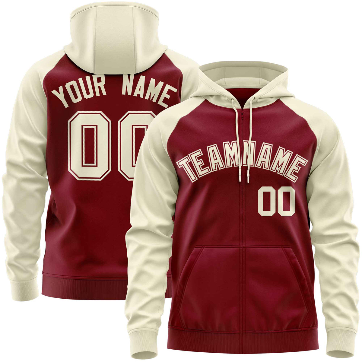 Custom Stitched Crimson Cream Raglan Sleeves Sports Full-Zip Sweatshirt Hoodie| KXKSHOP