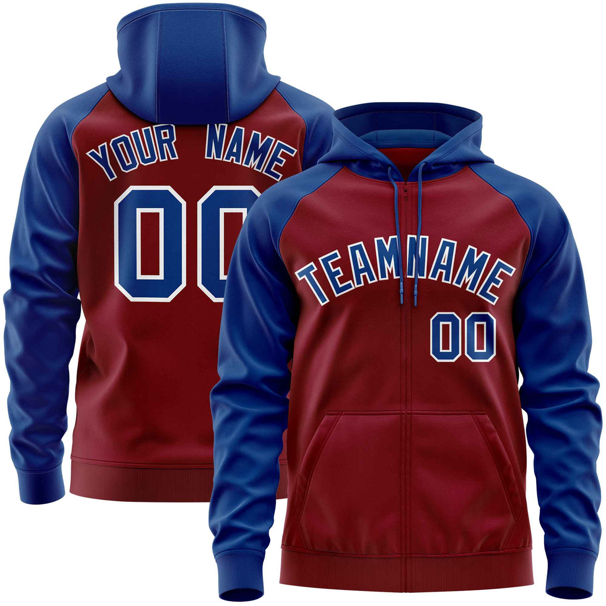 Custom Stitched Crimson Royal Raglan Sleeves Sports Full-Zip Sweatshirt Hoodie| KXKSHOP