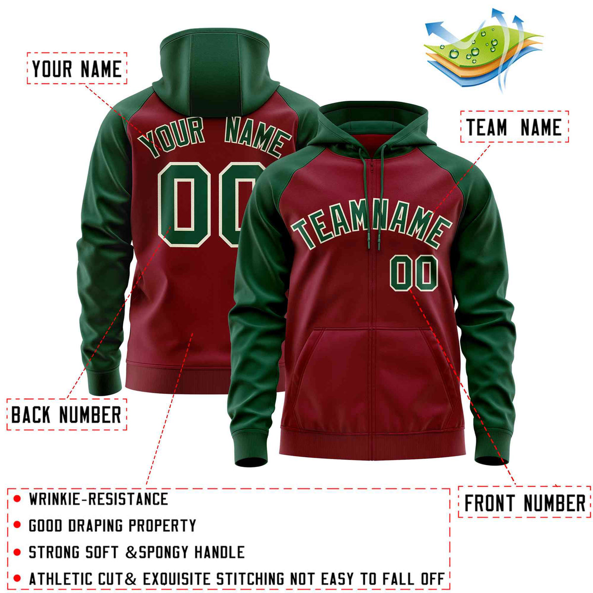 Custom Stitched Crimson Green Raglan Sleeves Sports Full-Zip Sweatshirt Hoodie| KXKSHOP