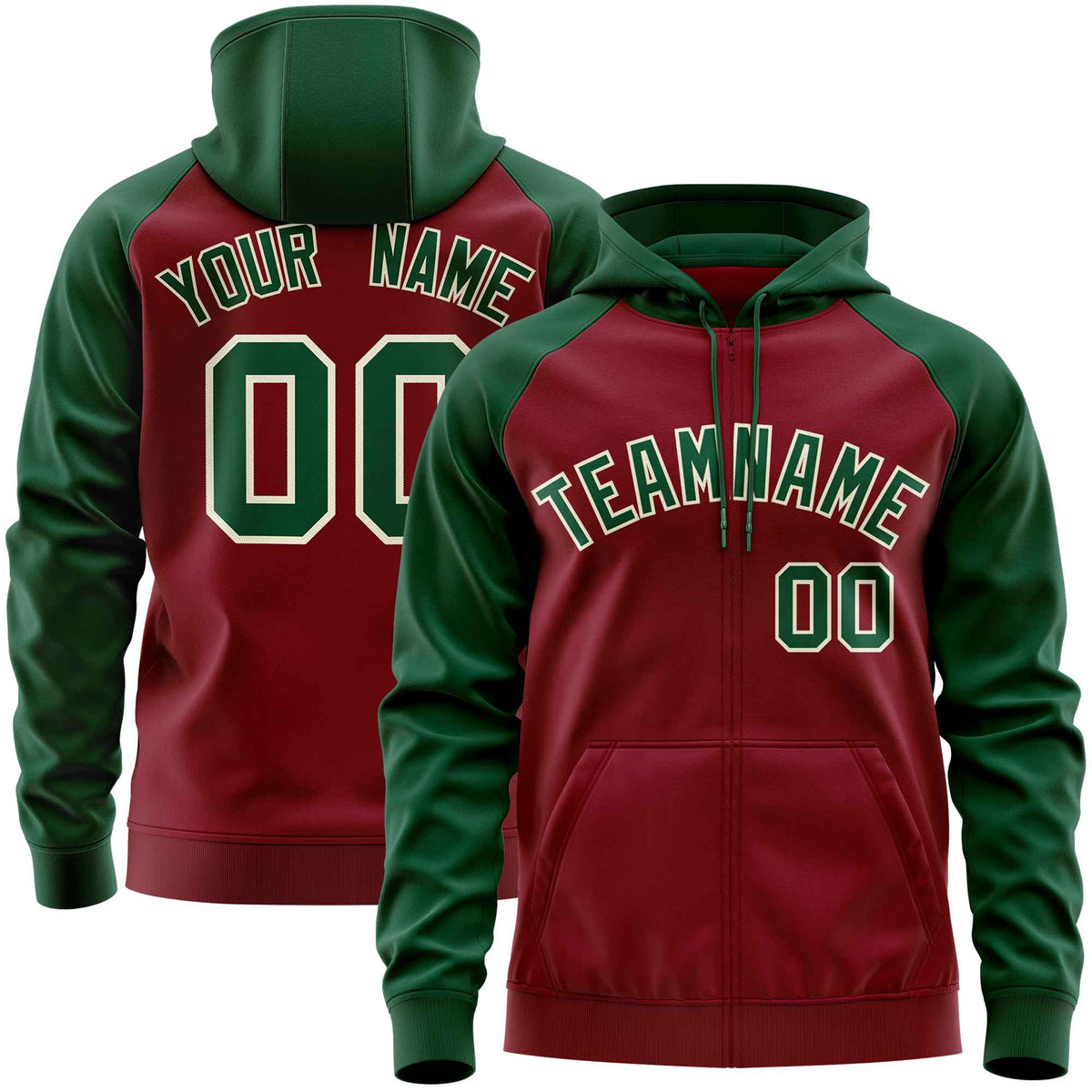 Custom Stitched Crimson Green Raglan Sleeves Sports Full-Zip Sweatshirt Hoodie| KXKSHOP