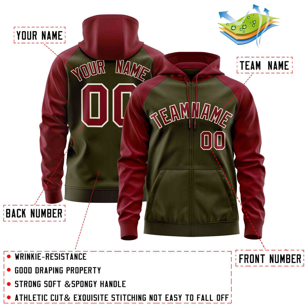 Custom Stitched Olive Crimson Raglan Sleeves Sports Full-Zip Sweatshirt Hoodie| KXKSHOP