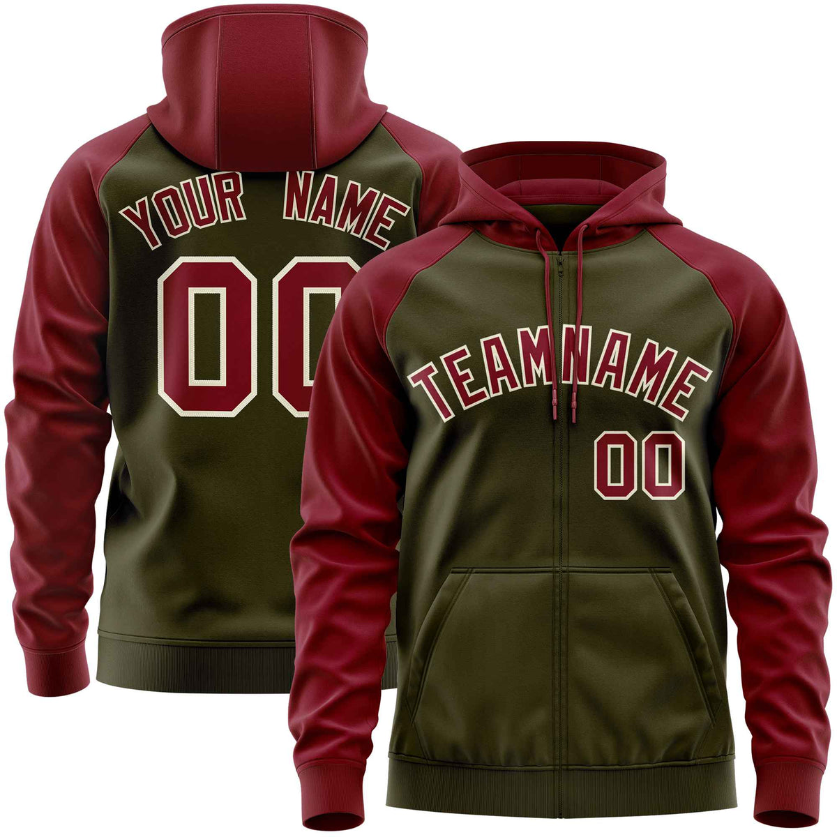 Custom Stitched Olive Crimson Raglan Sleeves Sports Full-Zip Sweatshirt Hoodie| KXKSHOP