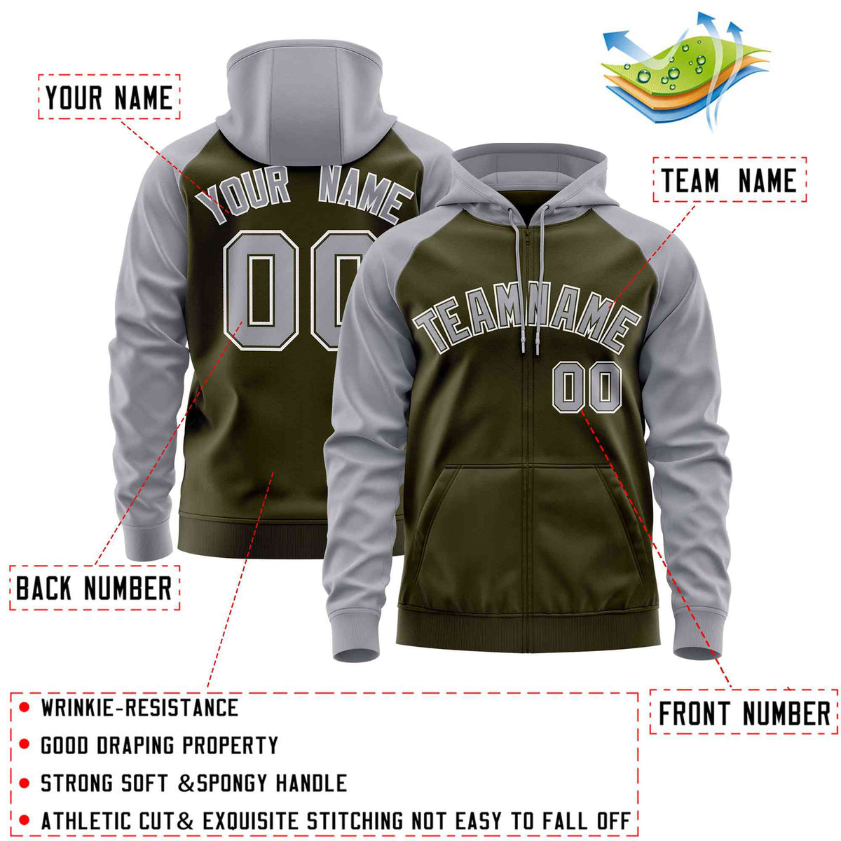 Custom Stitched Olive Light Gray Raglan Sleeves Sports Full-Zip Sweatshirt Hoodie| KXKSHOP