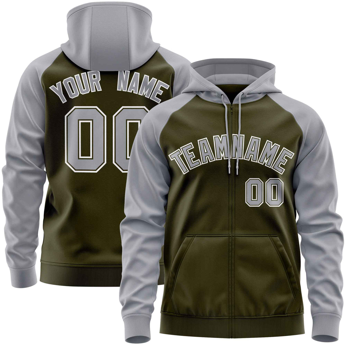Custom Stitched Olive Light Gray Raglan Sleeves Sports Full-Zip Sweatshirt Hoodie| KXKSHOP