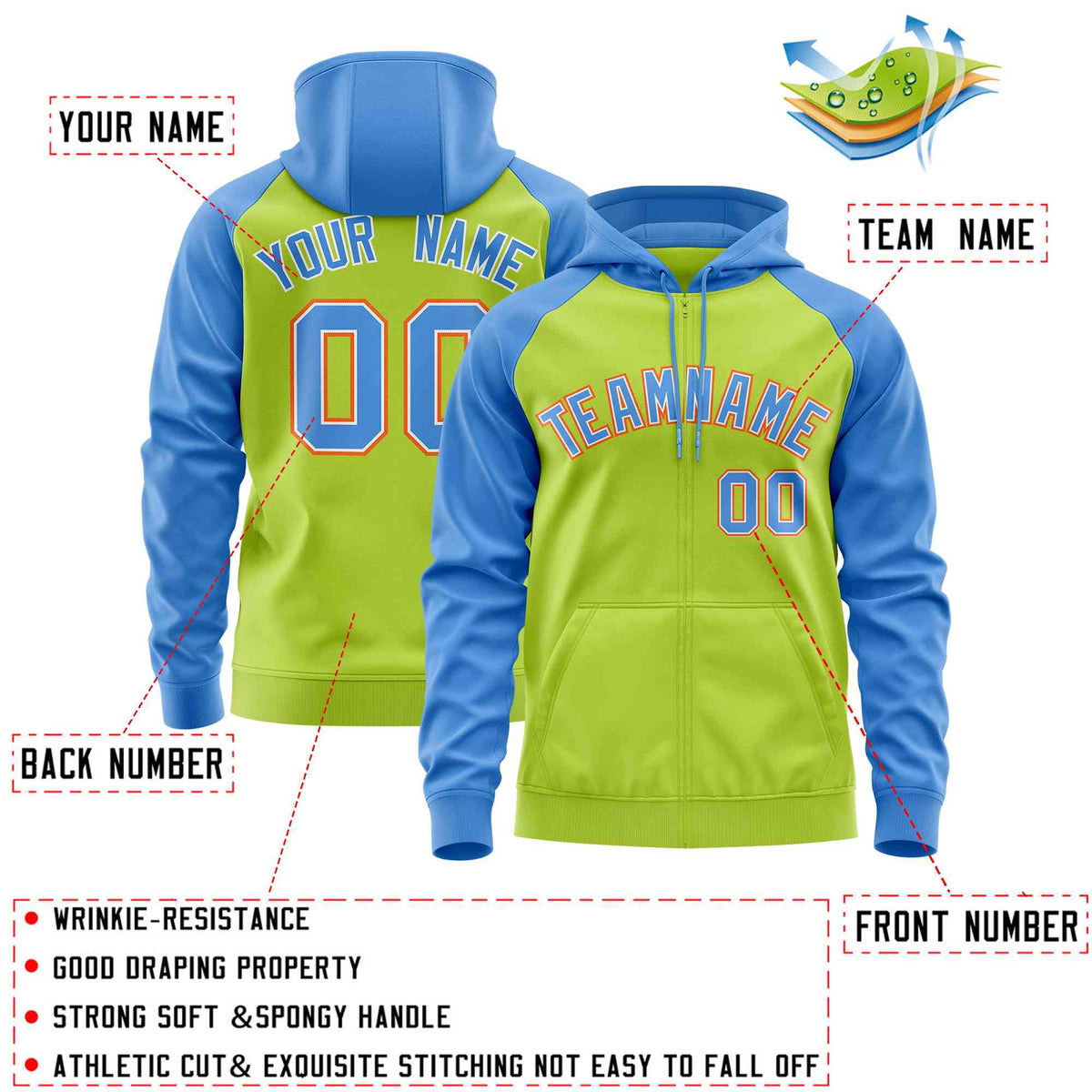 Custom Stitched Neon Green Powder Blue Raglan Sleeves Sports Full-Zip Sweatshirt Hoodie| KXKSHOP