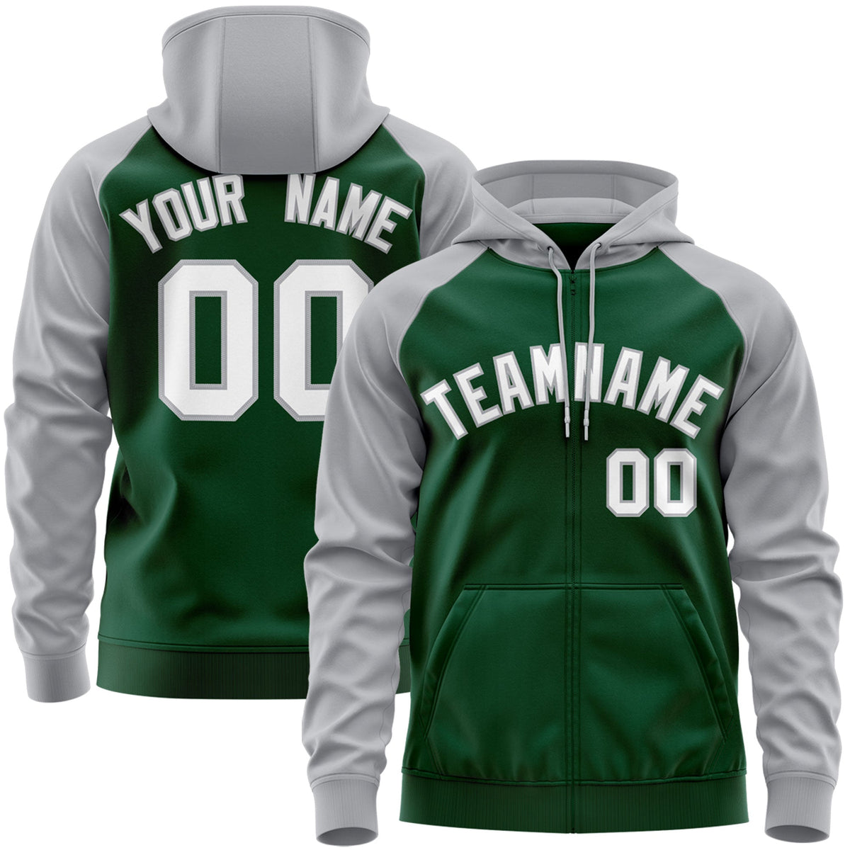 Custom Stitched Green White-Gray Raglan Sleeves Sports Full-Zip Sweatshirt Hoodie| KXKSHOP