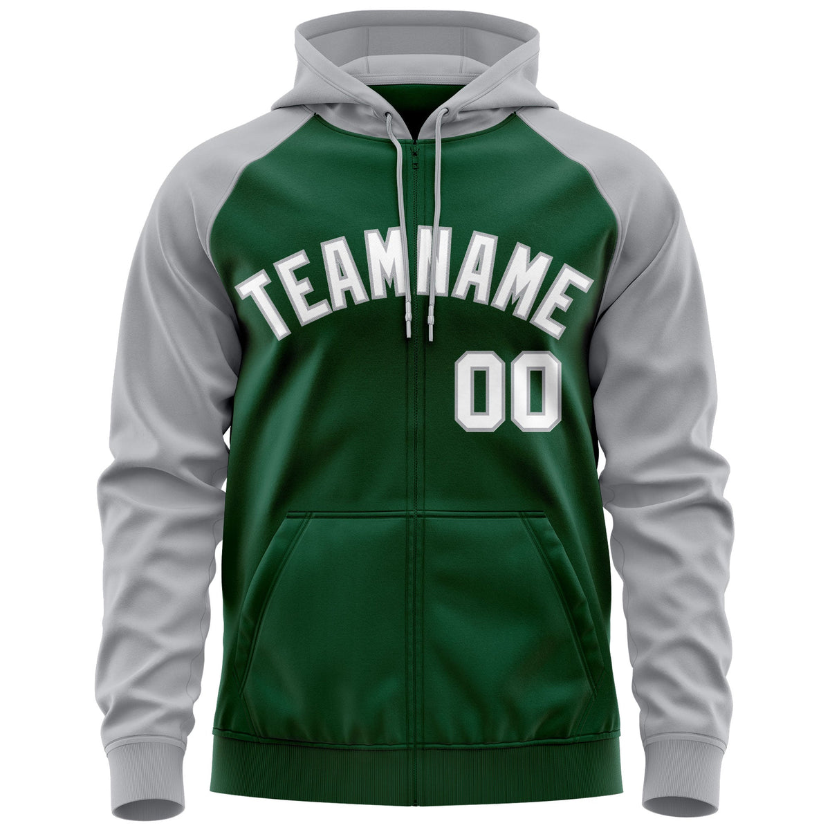 Custom Stitched Green White-Gray Raglan Sleeves Sports Full-Zip Sweatshirt Hoodie| KXKSHOP