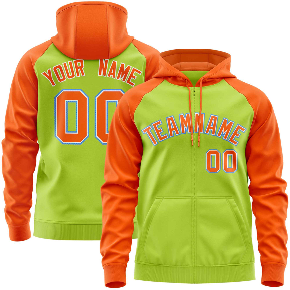 Custom Stitched Neon Green Orange Raglan Sleeves Sports Full-Zip Sweatshirt Hoodie| KXKSHOP
