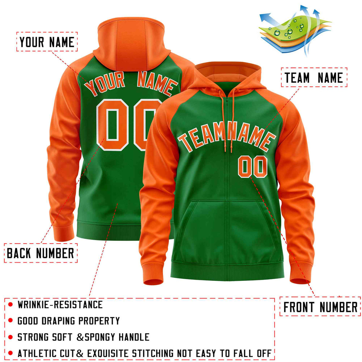 Custom Stitched Kelly Green Orange Raglan Sleeves Sports Full-Zip Sweatshirt Hoodie| KXKSHOP