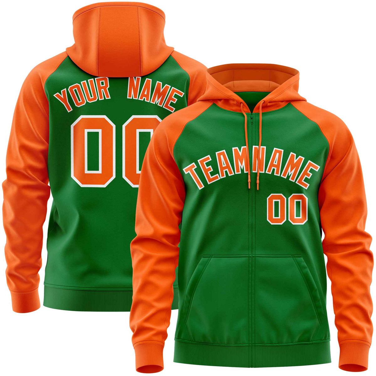 Custom Stitched Kelly Green Orange Raglan Sleeves Sports Full-Zip Sweatshirt Hoodie| KXKSHOP