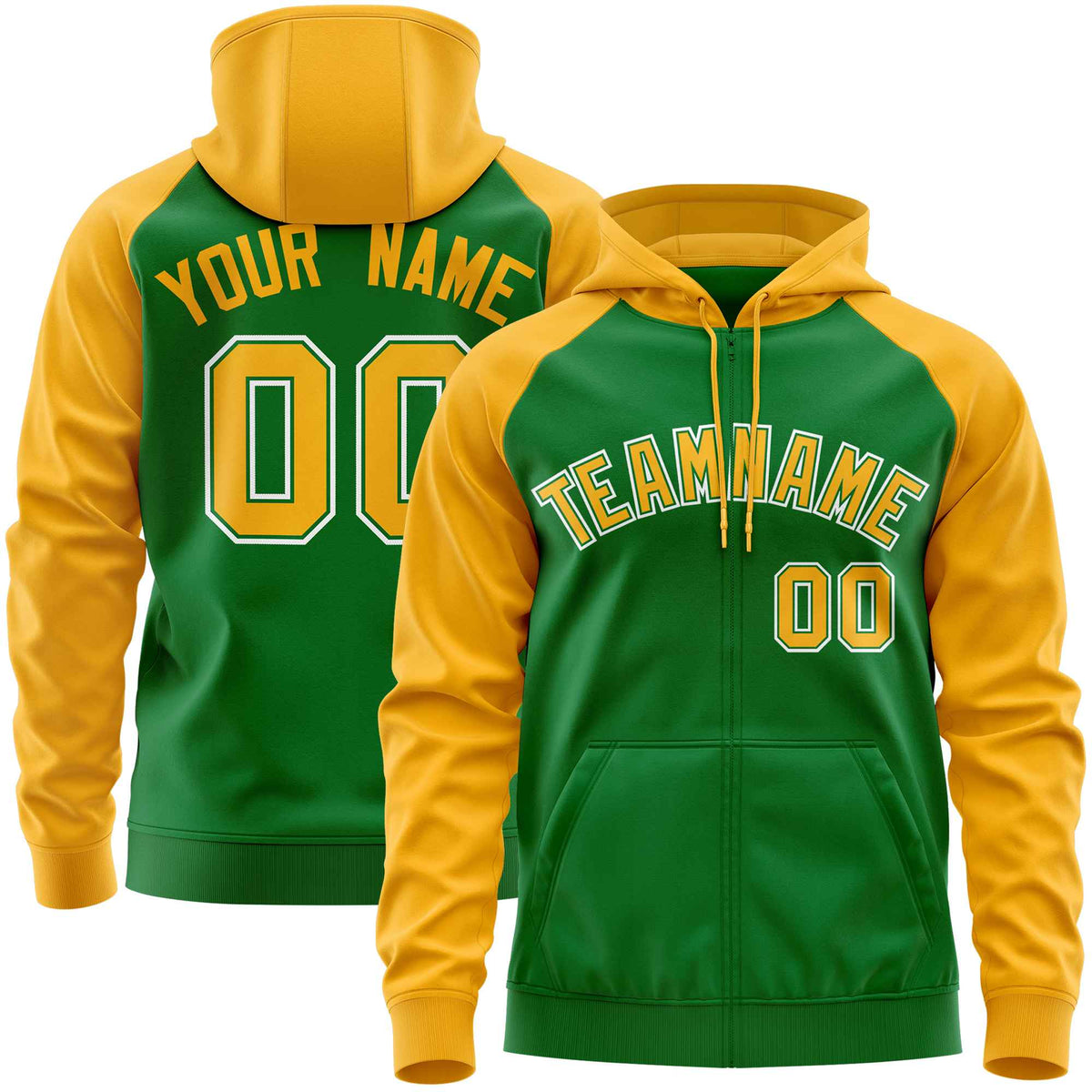 Custom Stitched Kelly Green Gold Raglan Sleeves Sports Full-Zip Sweatshirt Hoodie| KXKSHOP