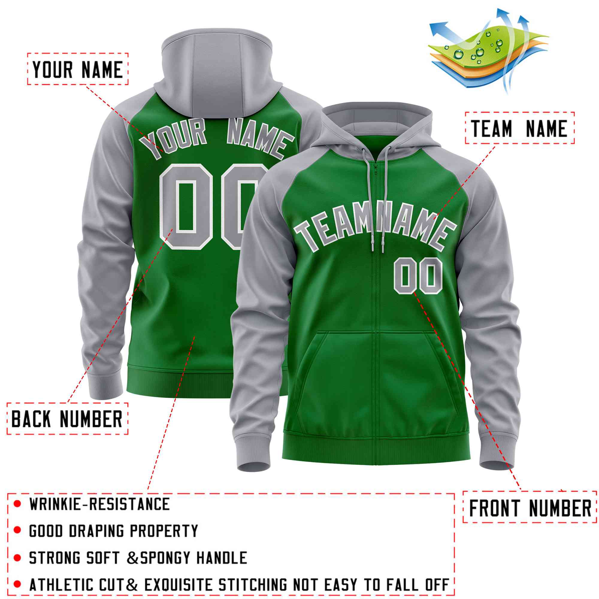 Custom Stitched Kelly Green Light Gray Raglan Sleeves Sports Full-Zip Sweatshirt Hoodie| KXKSHOP