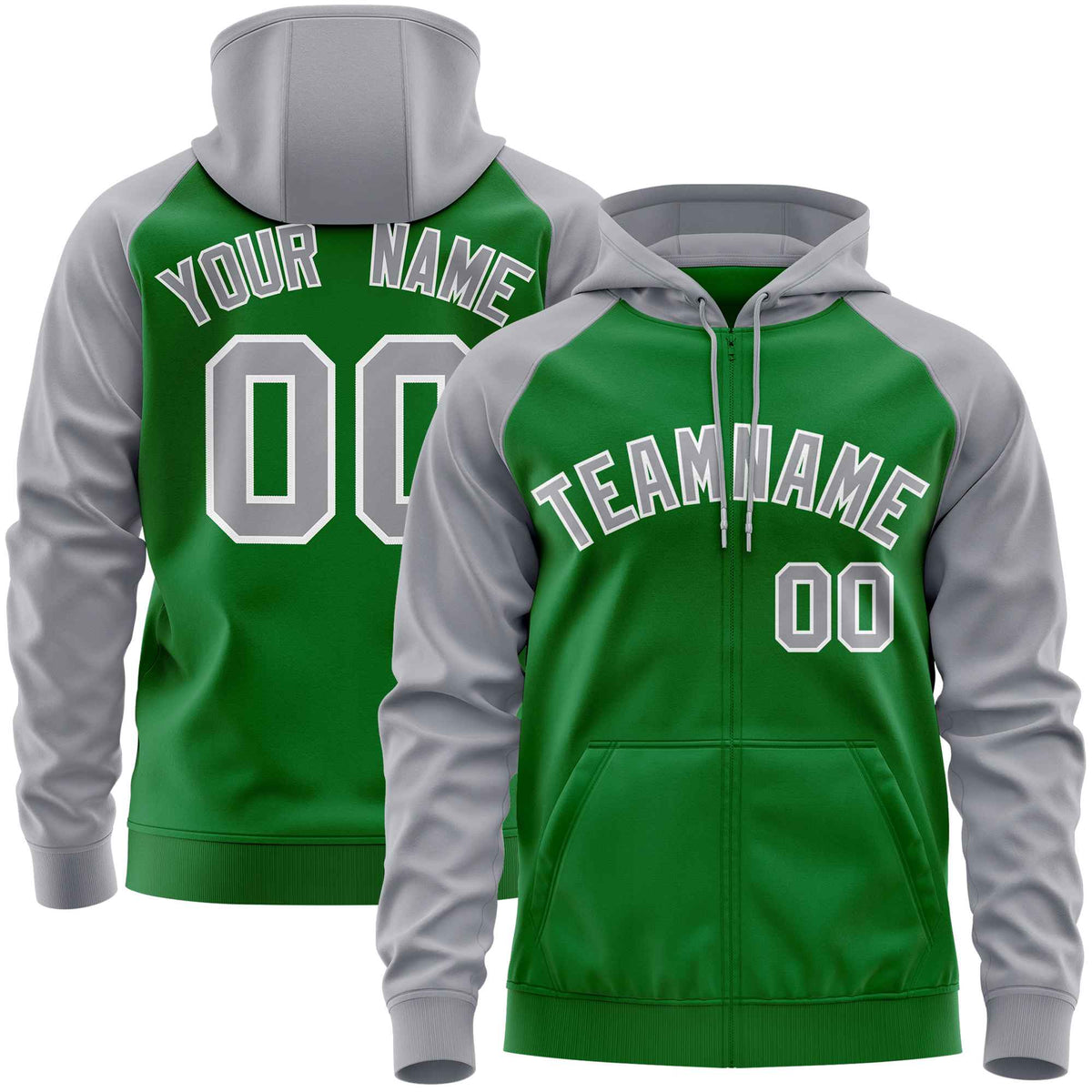 Custom Stitched Kelly Green Light Gray Raglan Sleeves Sports Full-Zip Sweatshirt Hoodie| KXKSHOP
