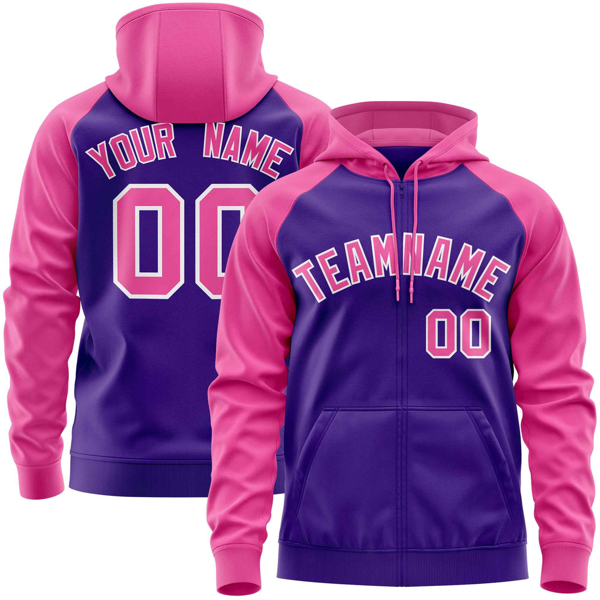 Custom Stitched Purple Pink Raglan Sleeves Sports Full-Zip Sweatshirt Hoodie| KXKSHOP