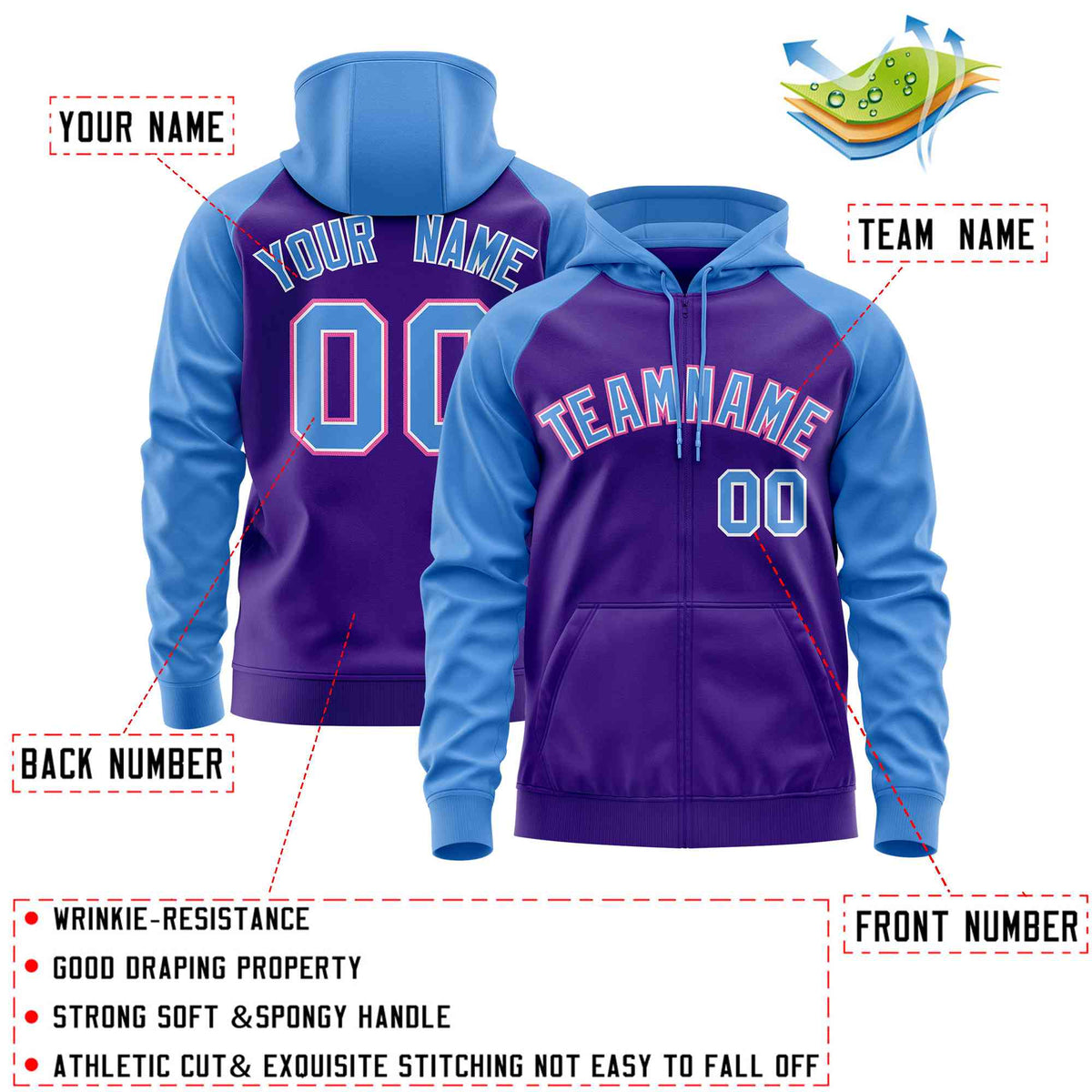 Custom Stitched Purple Powder Blue Raglan Sleeves Sports Full-Zip Sweatshirt Hoodie| KXKSHOP