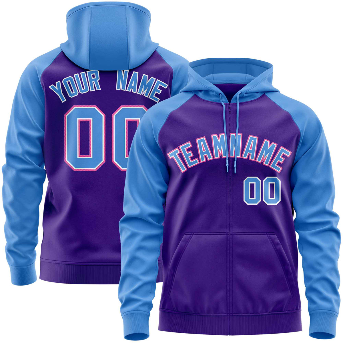 Custom Stitched Purple Powder Blue Raglan Sleeves Sports Full-Zip Sweatshirt Hoodie| KXKSHOP