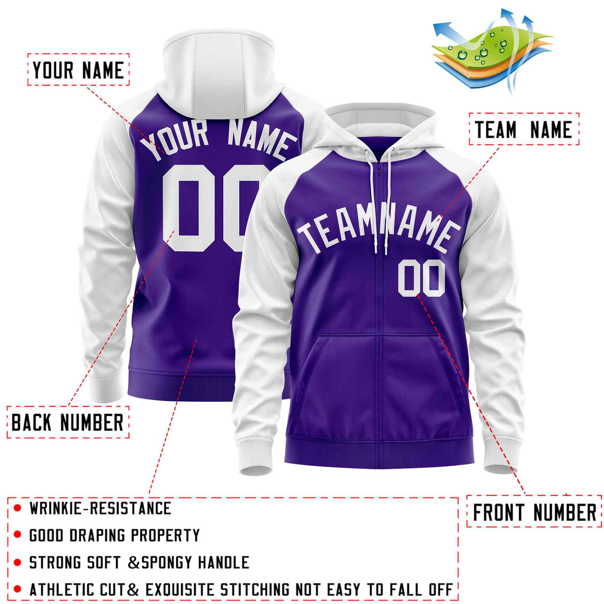 Custom Stitched Purple White Raglan Sleeves Sports Full-Zip Sweatshirt Hoodie| KXKSHOP
