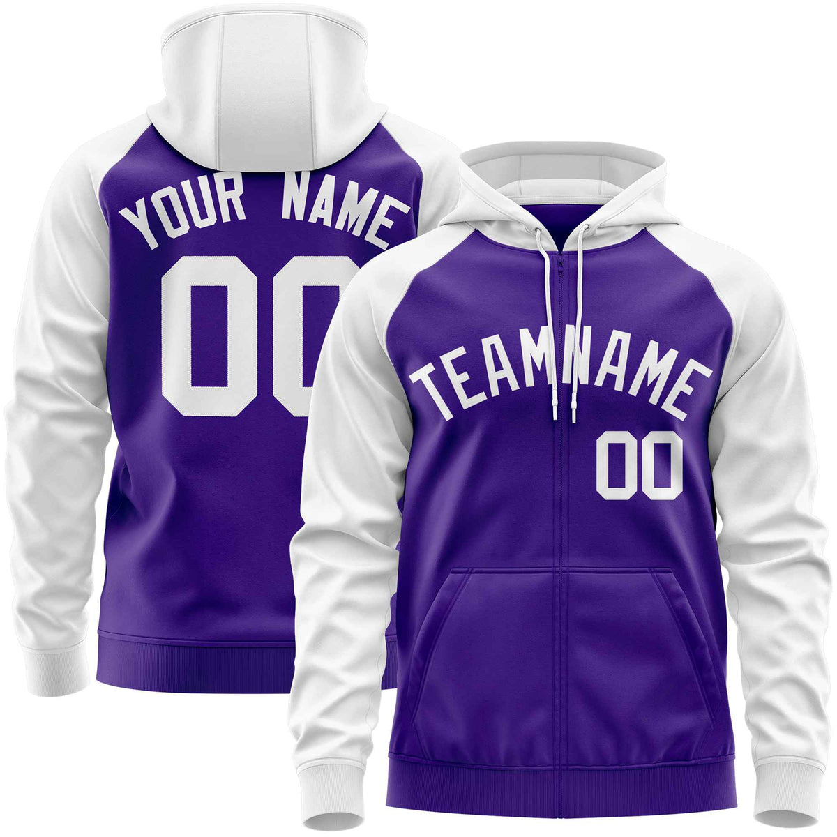 Custom Stitched Purple White Raglan Sleeves Sports Full-Zip Sweatshirt Hoodie| KXKSHOP