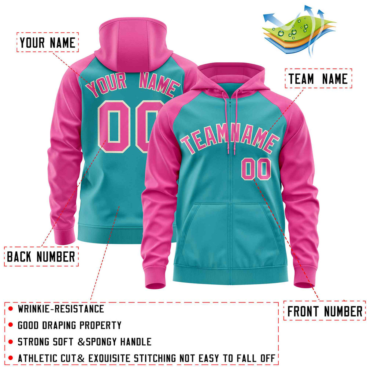 Custom Stitched Aqua Pink Raglan Sleeves Sports Full-Zip Sweatshirt Hoodie| KXKSHOP