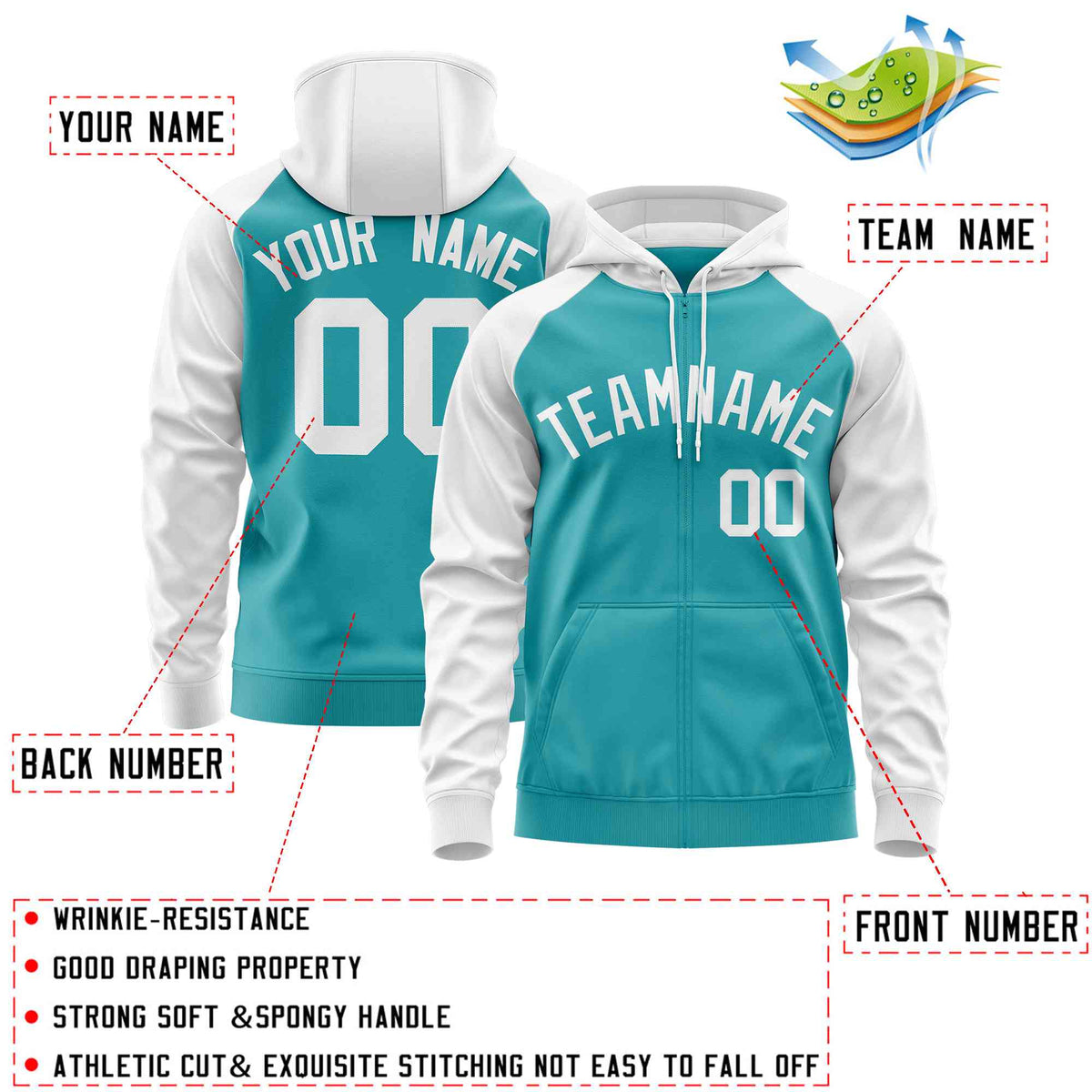 Custom Stitched Aqua White Raglan Sleeves Sports Full-Zip Sweatshirt Hoodie| KXKSHOP