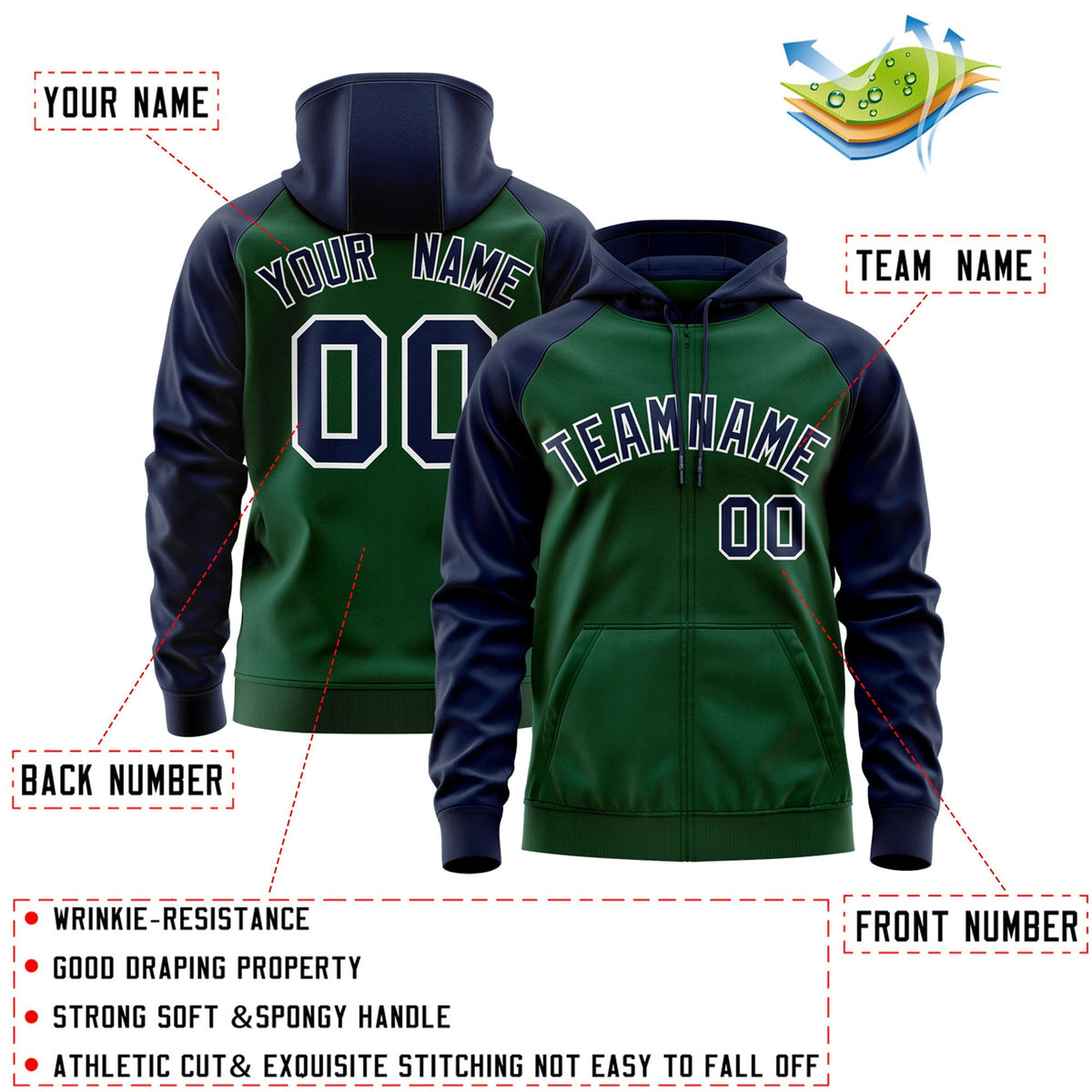 Custom Stitched Green Navy-White Raglan Sleeves Sports Full-Zip Sweatshirt Hoodie| KXKSHOP