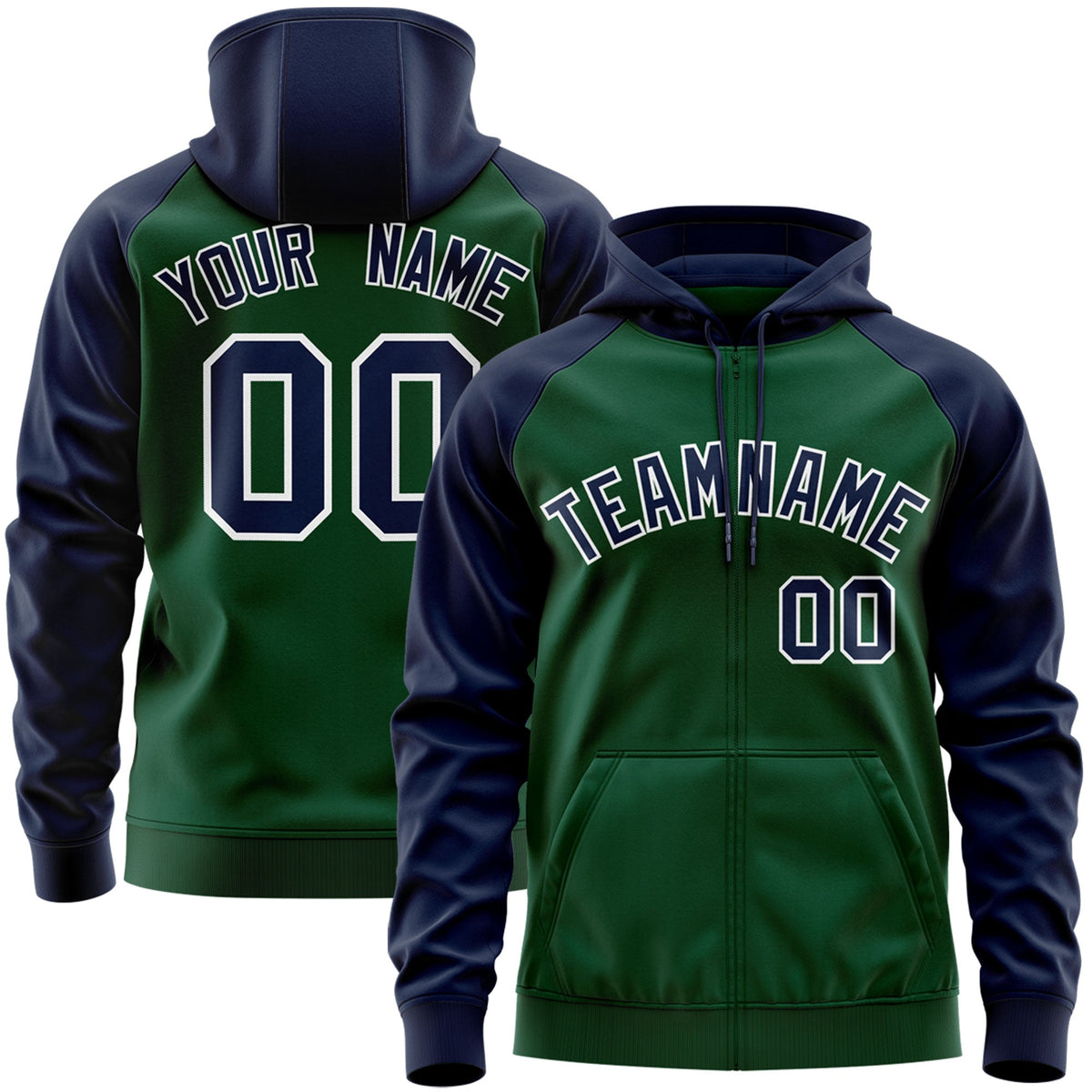 Custom Stitched Green Navy-White Raglan Sleeves Sports Full-Zip Sweatshirt Hoodie| KXKSHOP