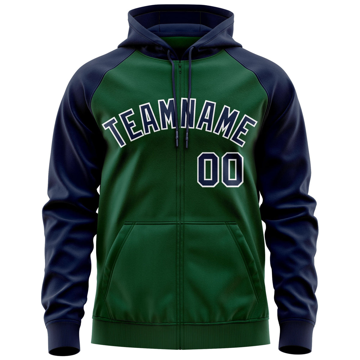 Custom Stitched Green Navy-White Raglan Sleeves Sports Full-Zip Sweatshirt Hoodie| KXKSHOP