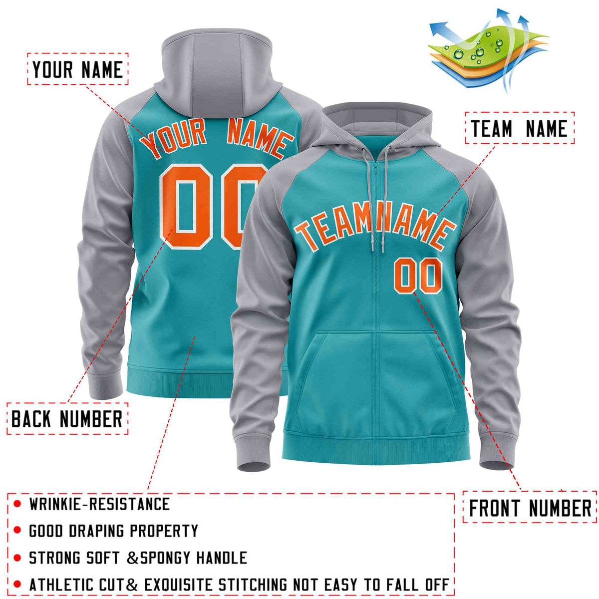 Custom Stitched Aqua Light Gray-Orange Raglan Sleeves Sports Full-Zip Sweatshirt Hoodie| KXKSHOP