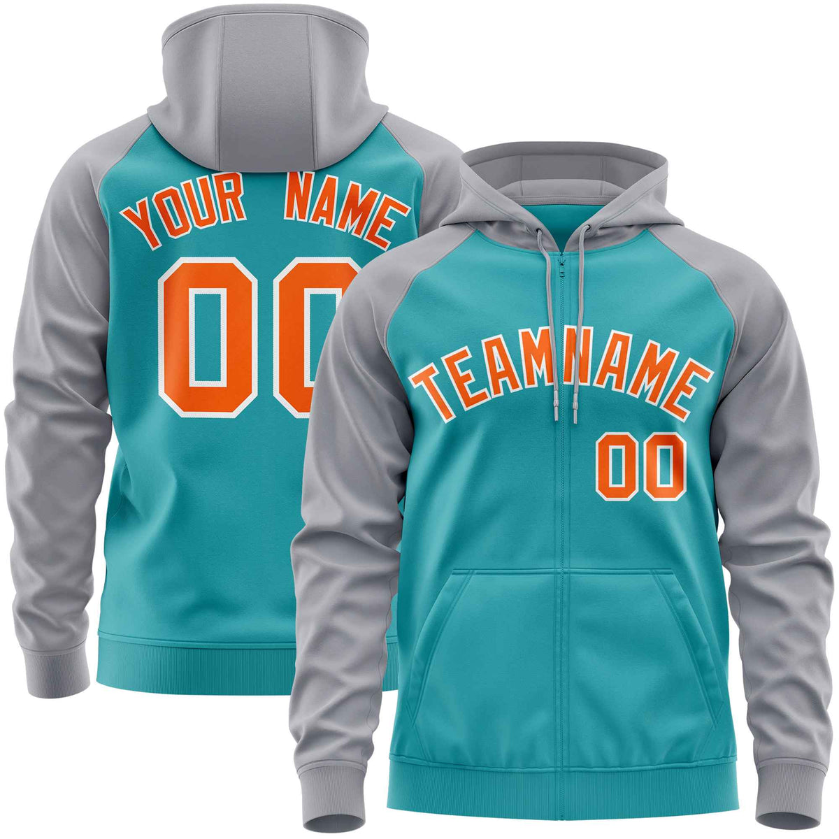 Custom Stitched Aqua Light Gray-Orange Raglan Sleeves Sports Full-Zip Sweatshirt Hoodie| KXKSHOP