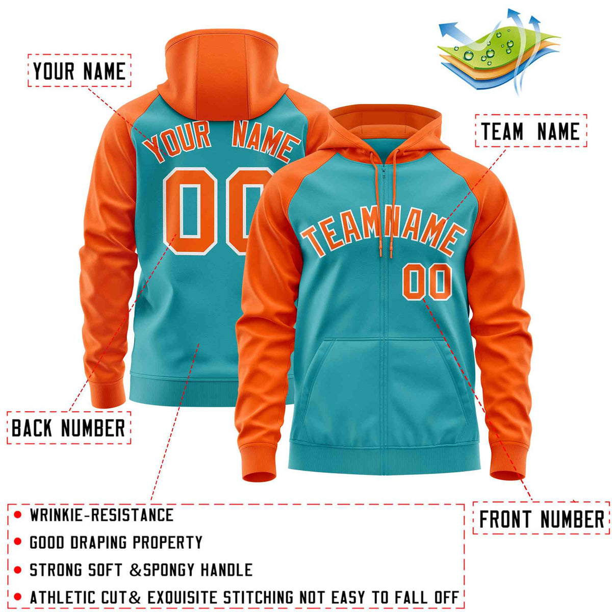 Custom Stitched Aqua Orange Raglan Sleeves Sports Full-Zip Sweatshirt Hoodie| KXKSHOP