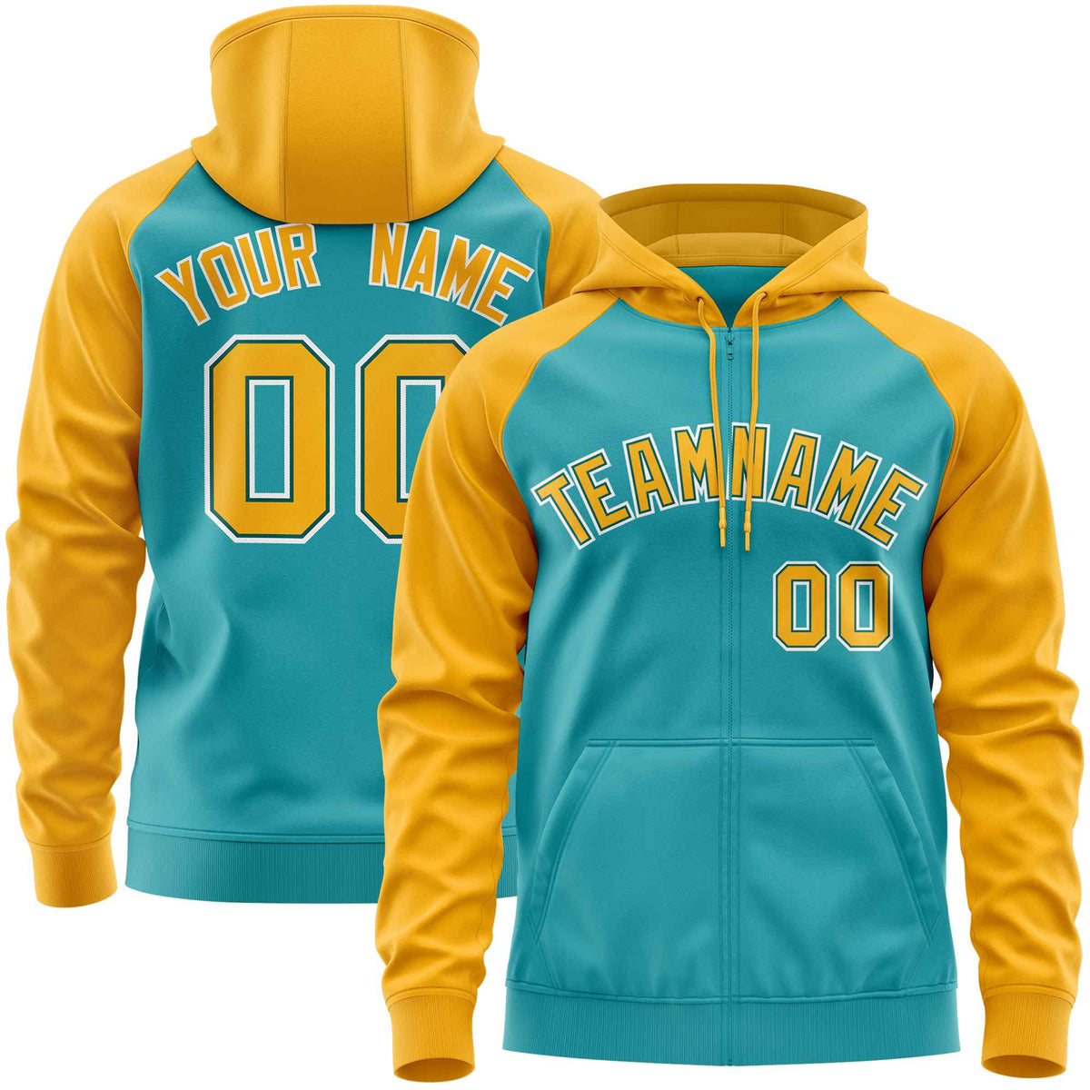 Custom Stitched Aqua Gold Raglan Sleeves Sports Full-Zip Sweatshirt Hoodie| KXKSHOP