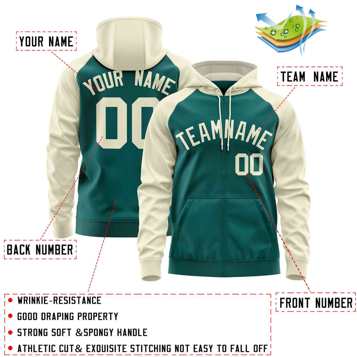Custom Stitched Aqua Cream Raglan Sleeves Sports Full-Zip Sweatshirt Hoodie| KXKSHOP