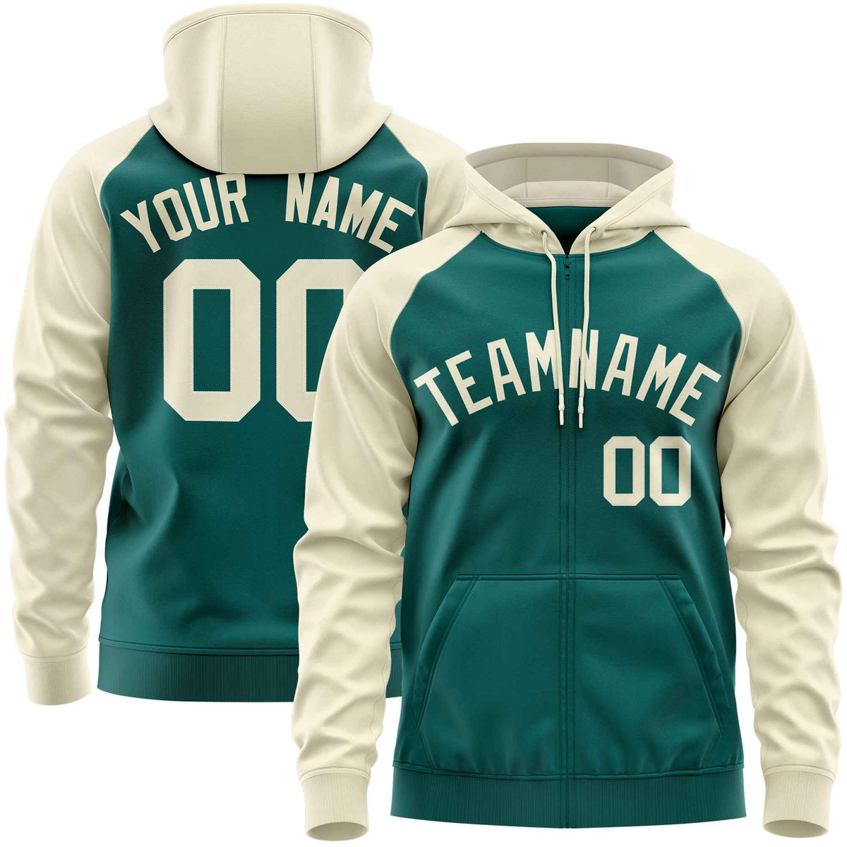 Custom Stitched Aqua Cream Raglan Sleeves Sports Full-Zip Sweatshirt Hoodie| KXKSHOP