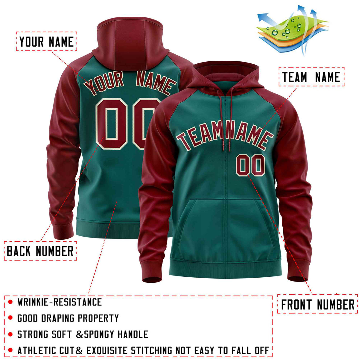 Custom Stitched Aqua Crimson Raglan Sleeves Sports Full-Zip Sweatshirt Hoodie| KXKSHOP