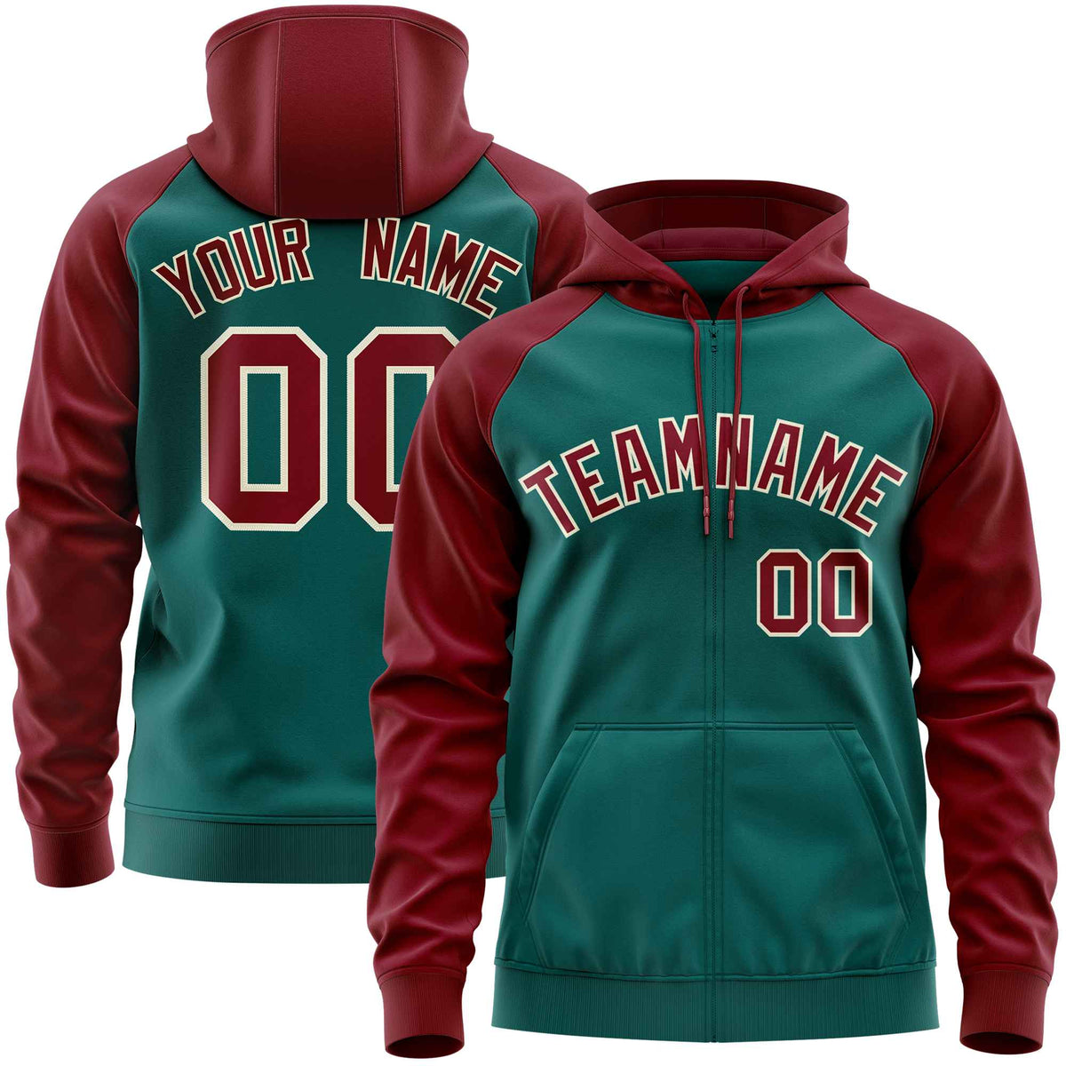 Custom Stitched Aqua Crimson Raglan Sleeves Sports Full-Zip Sweatshirt Hoodie| KXKSHOP
