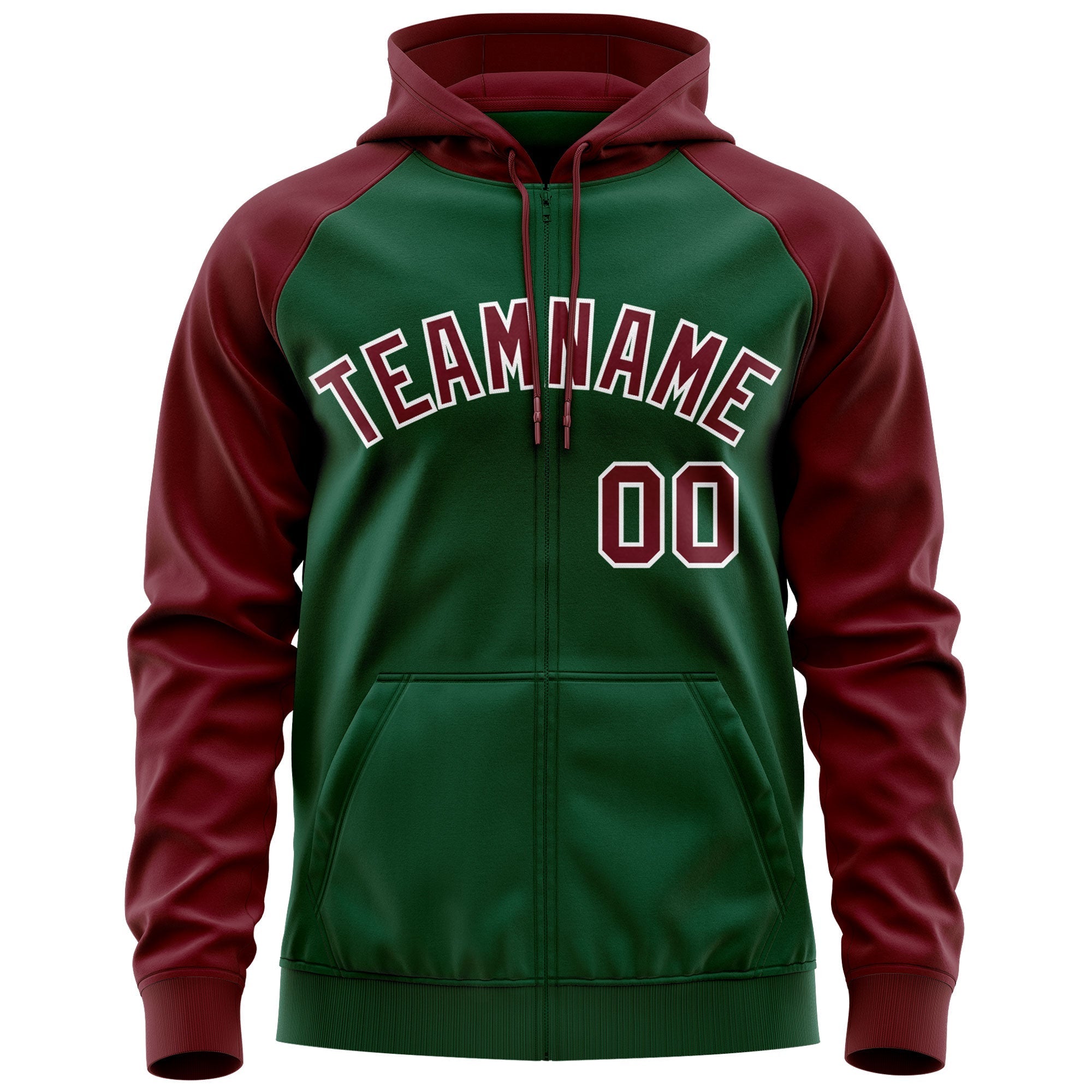 Custom Stitched Green Crimson-White Raglan Sleeves Sports Full-Zip Sweatshirt Hoodie| KXKSHOP