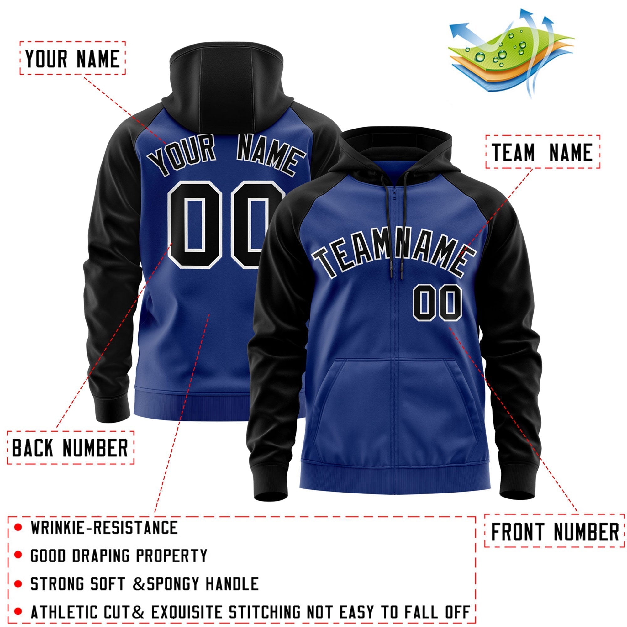 Custom Stitched Royal Black-White Raglan Sleeves Sports Full-Zip Sweatshirt Hoodie| KXKSHOP