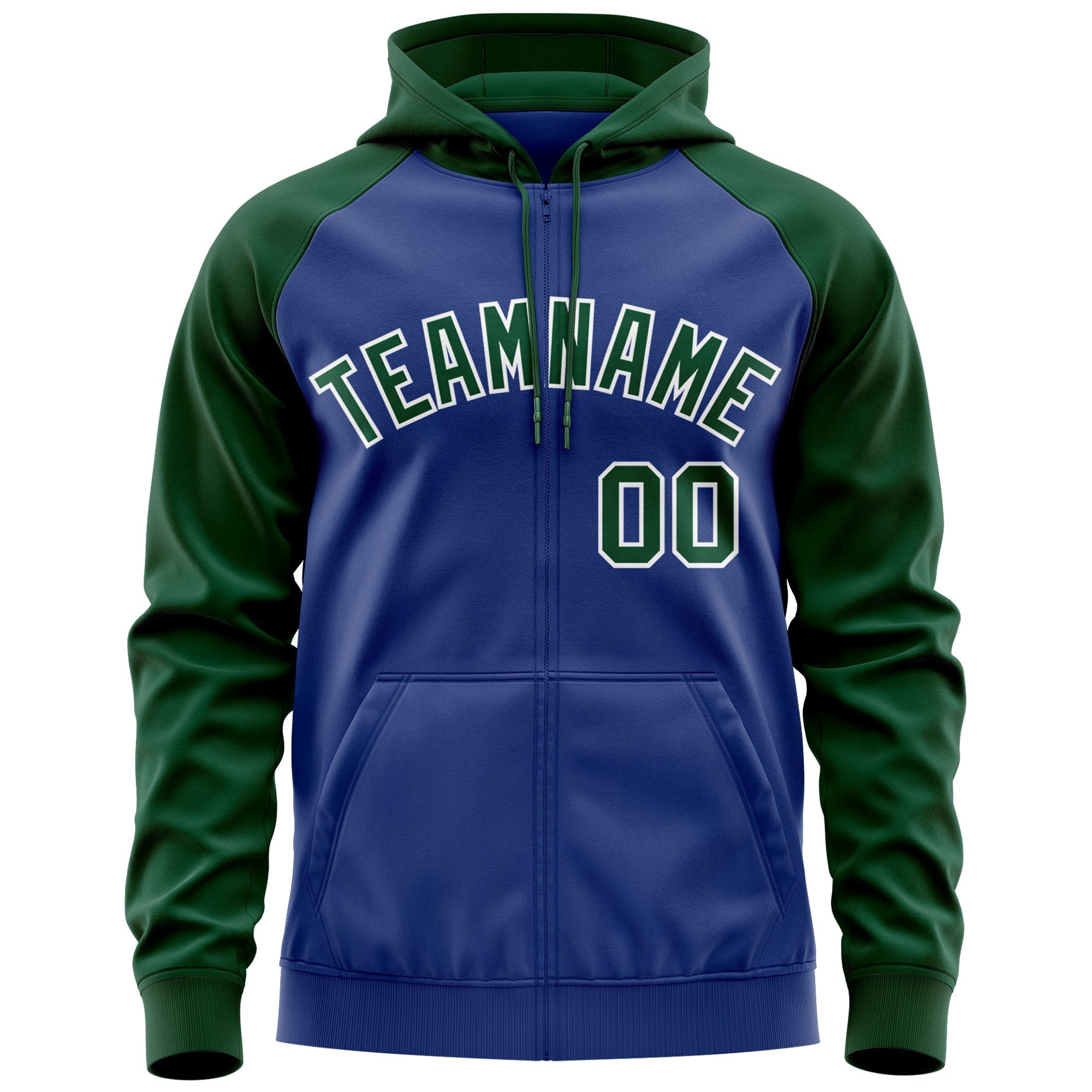 Custom Stitched Royal Green-White Raglan Sleeves Sports Full-Zip Sweatshirt Hoodie| KXKSHOP