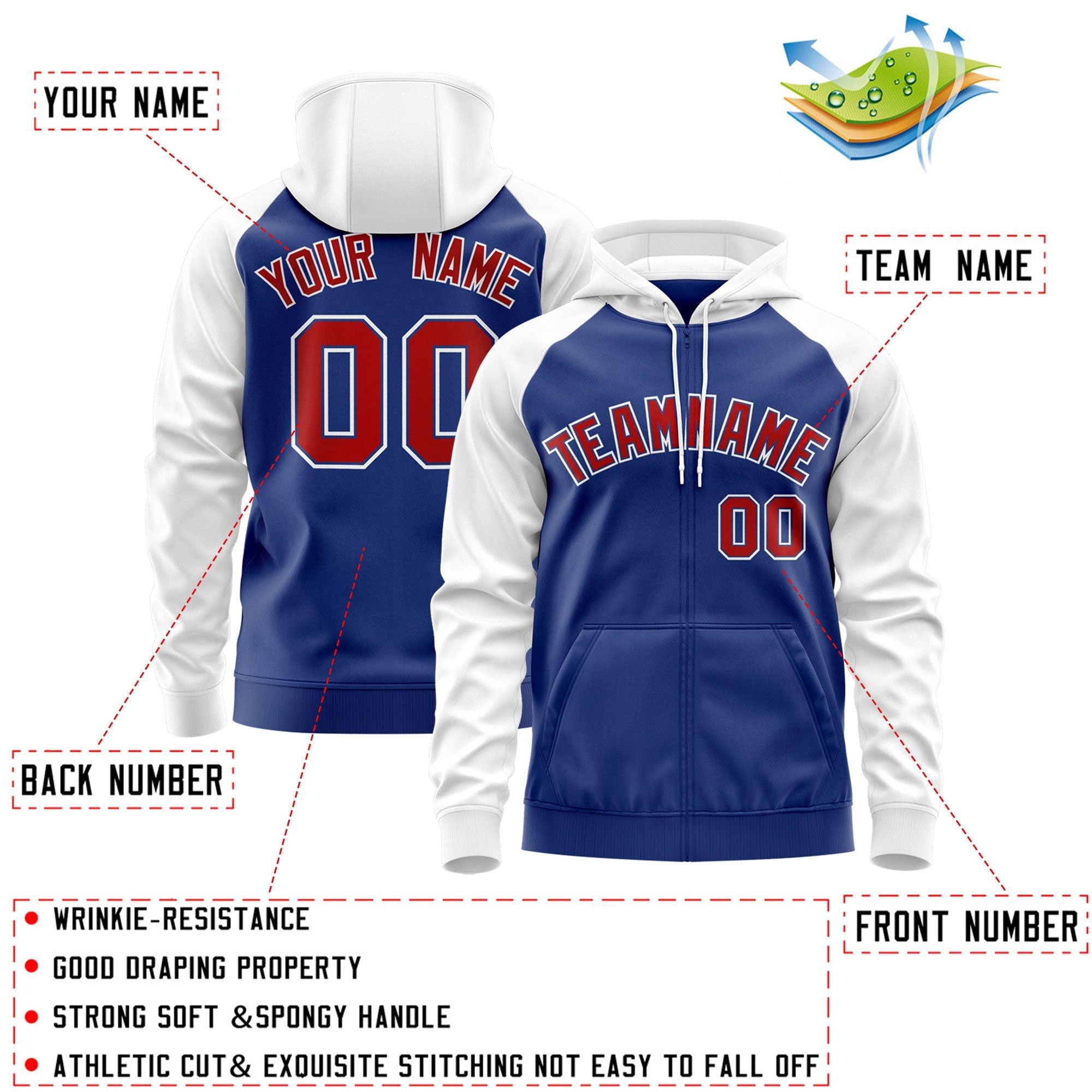 Custom Stitched Royal Red-White Raglan Sleeves Sports Full-Zip Sweatshirt Hoodie| KXKSHOP