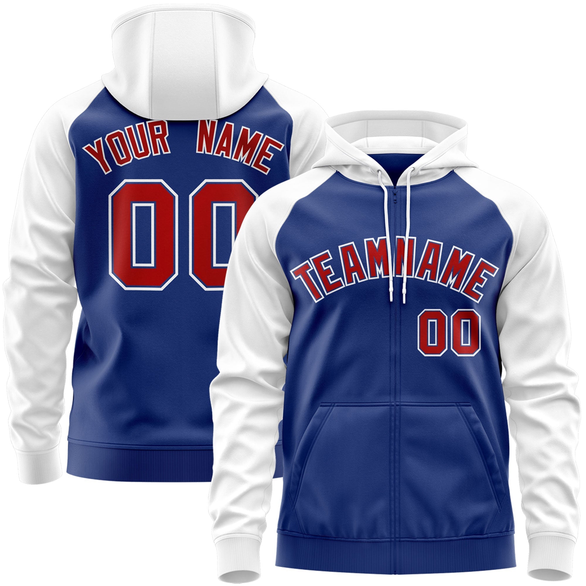 Custom Stitched Royal Red-White Raglan Sleeves Sports Full-Zip Sweatshirt Hoodie| KXKSHOP