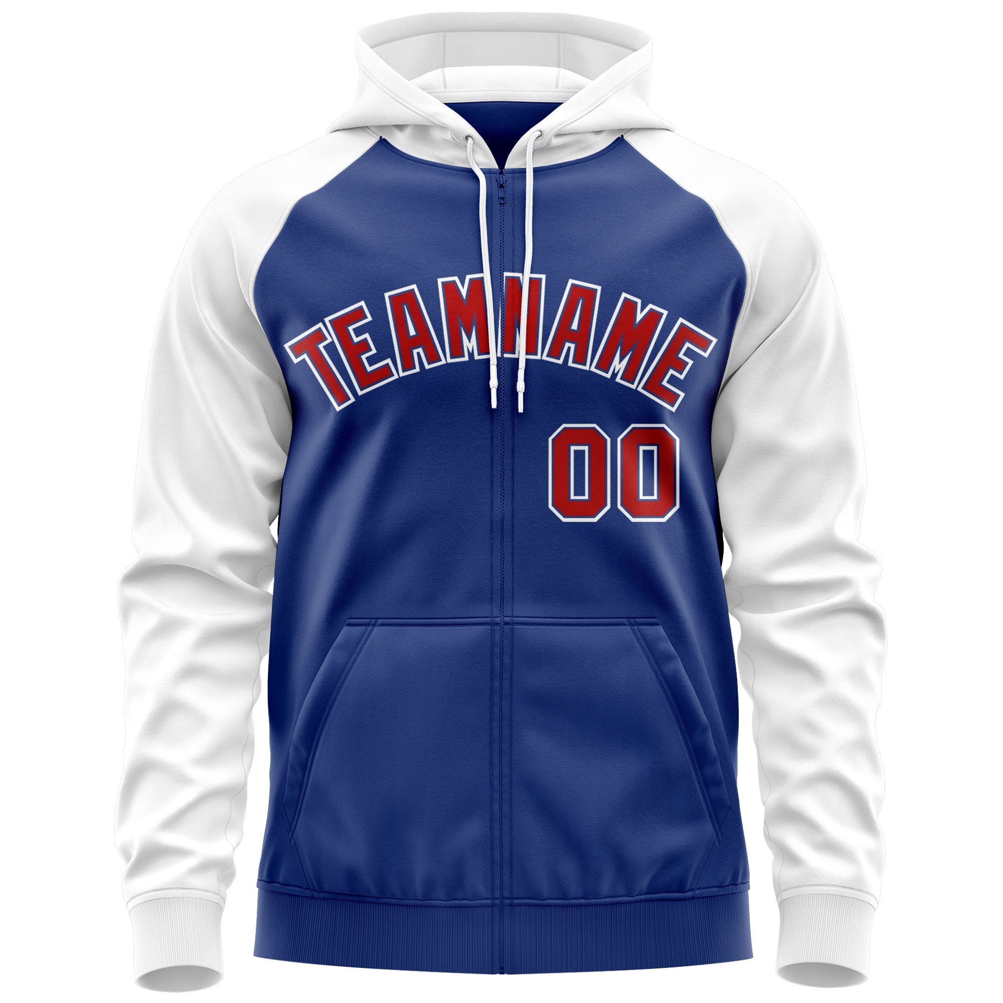 Custom Stitched Royal Red-White Raglan Sleeves Sports Full-Zip Sweatshirt Hoodie| KXKSHOP