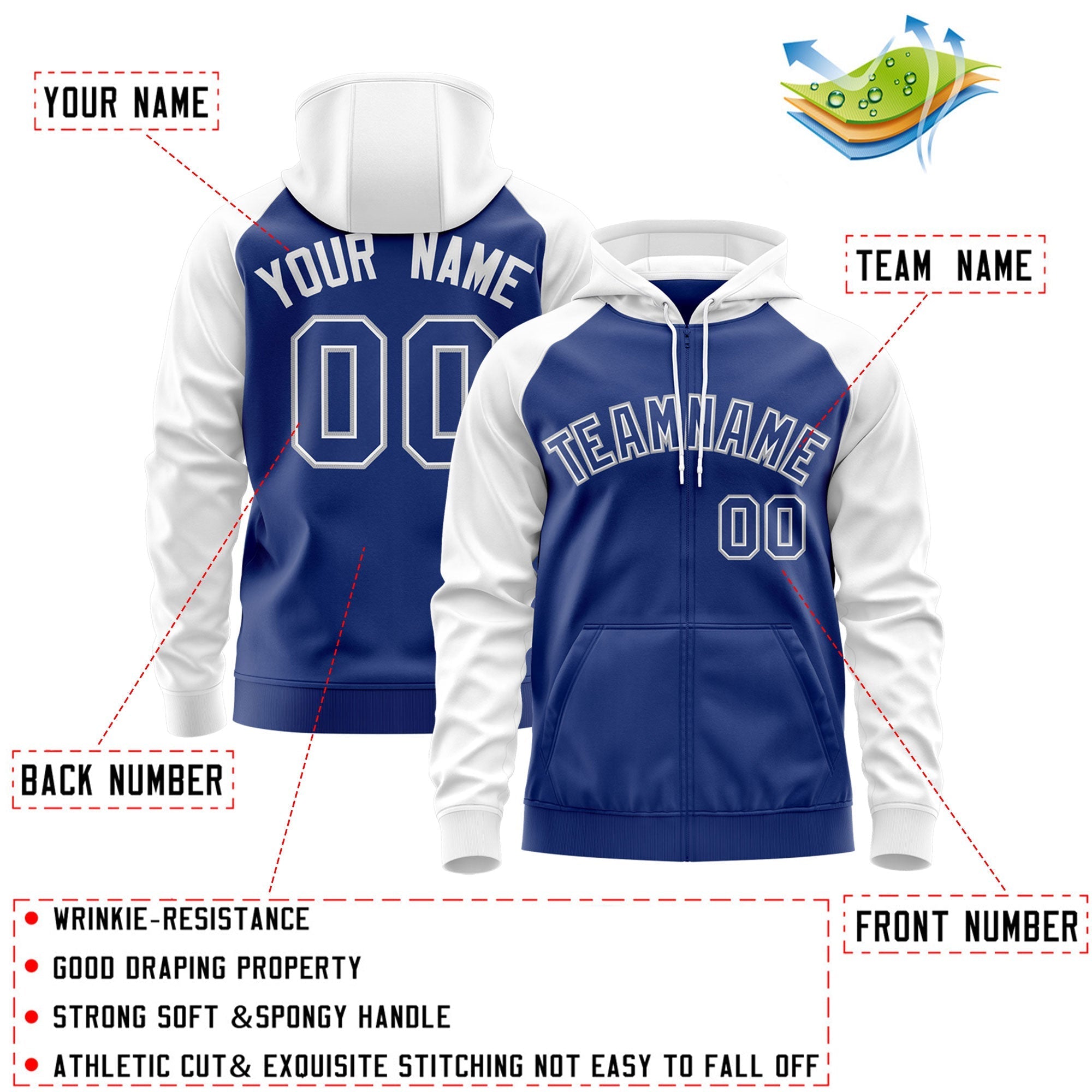 Custom Stitched Royal White-Gray Raglan Sleeves Sports Full-Zip Sweatshirt Hoodie| KXKSHOP