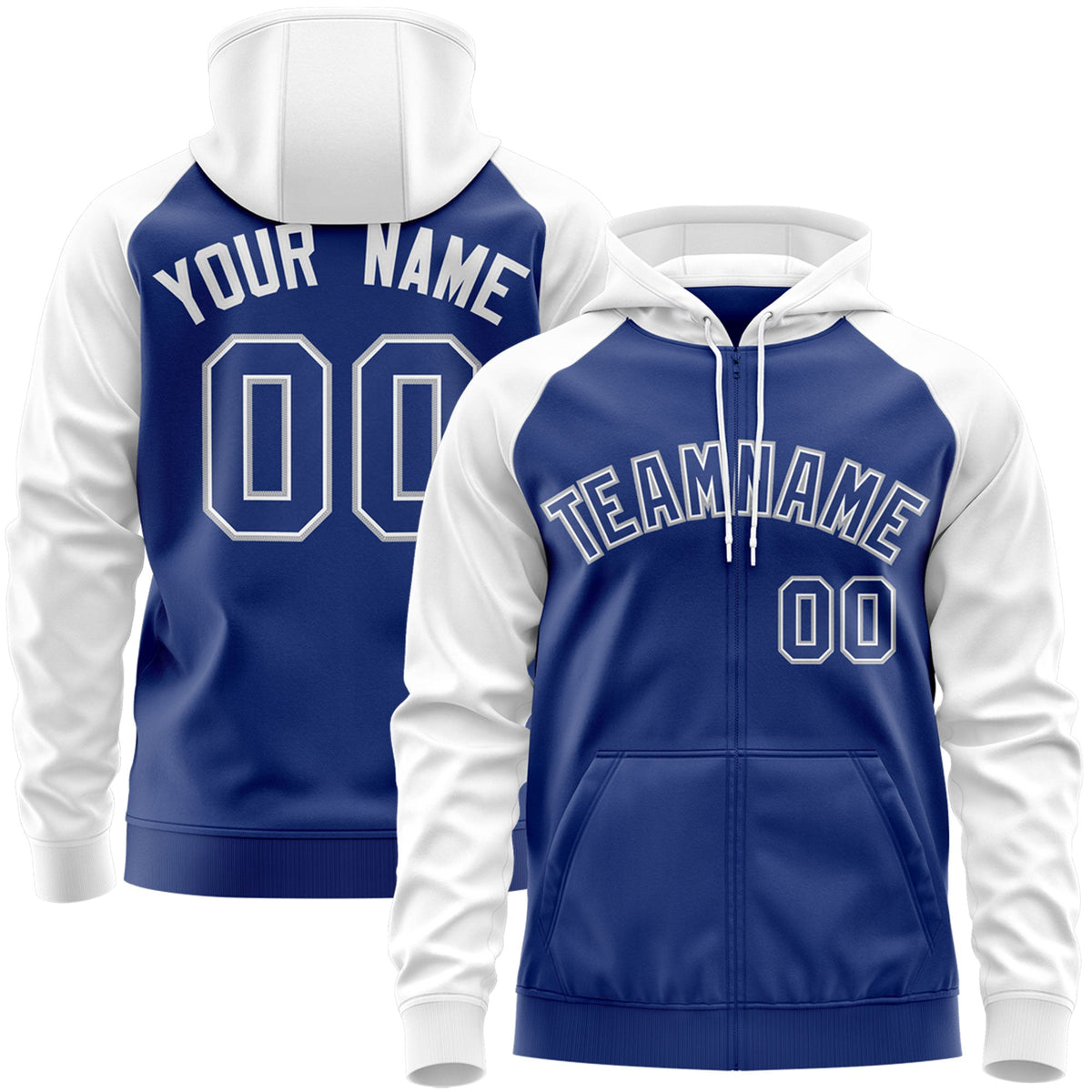 Custom Stitched Royal White-Gray Raglan Sleeves Sports Full-Zip Sweatshirt Hoodie| KXKSHOP