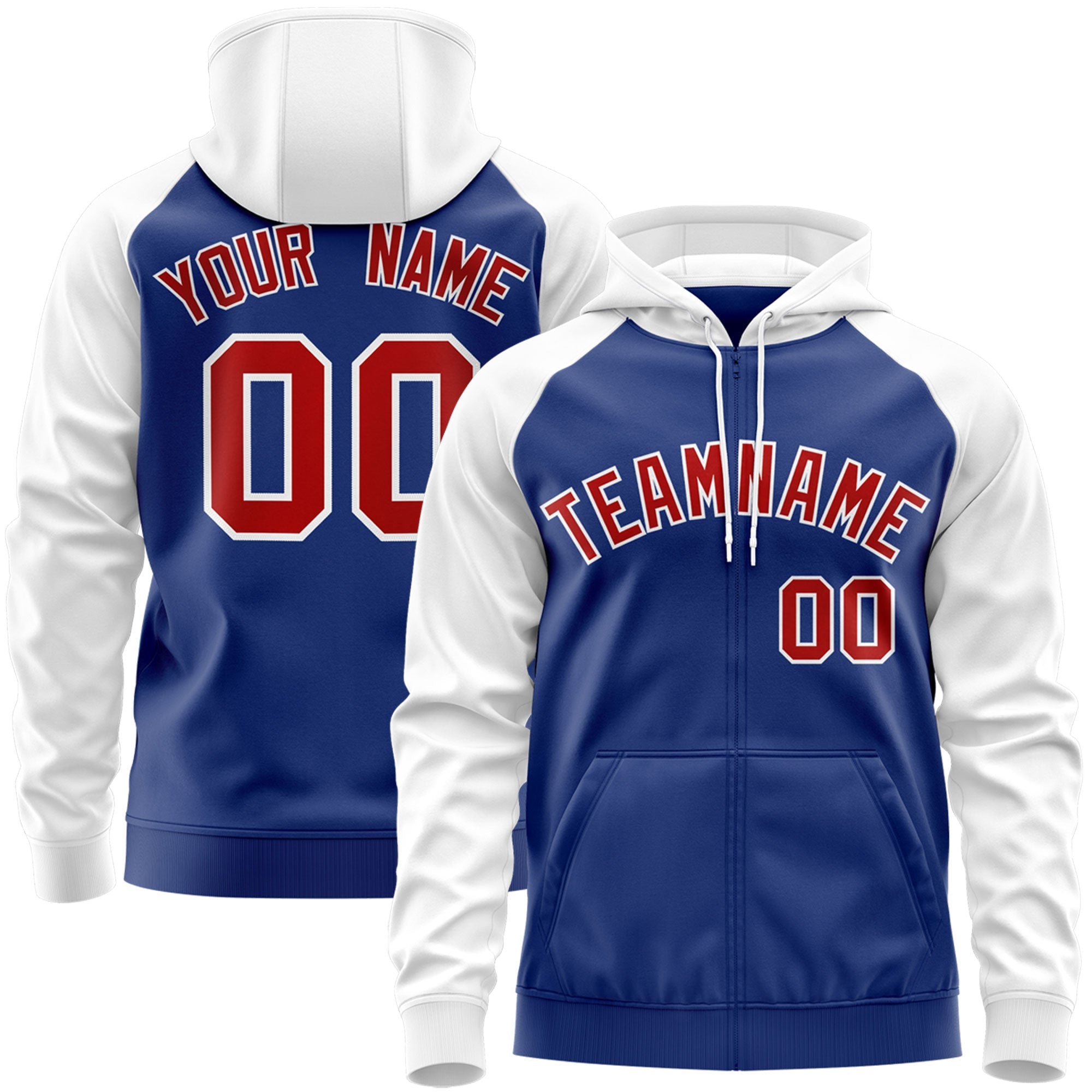 Custom Stitched Royal Red-White Raglan Sleeves Sports Full-Zip Sweatshirt Hoodie| KXKSHOP