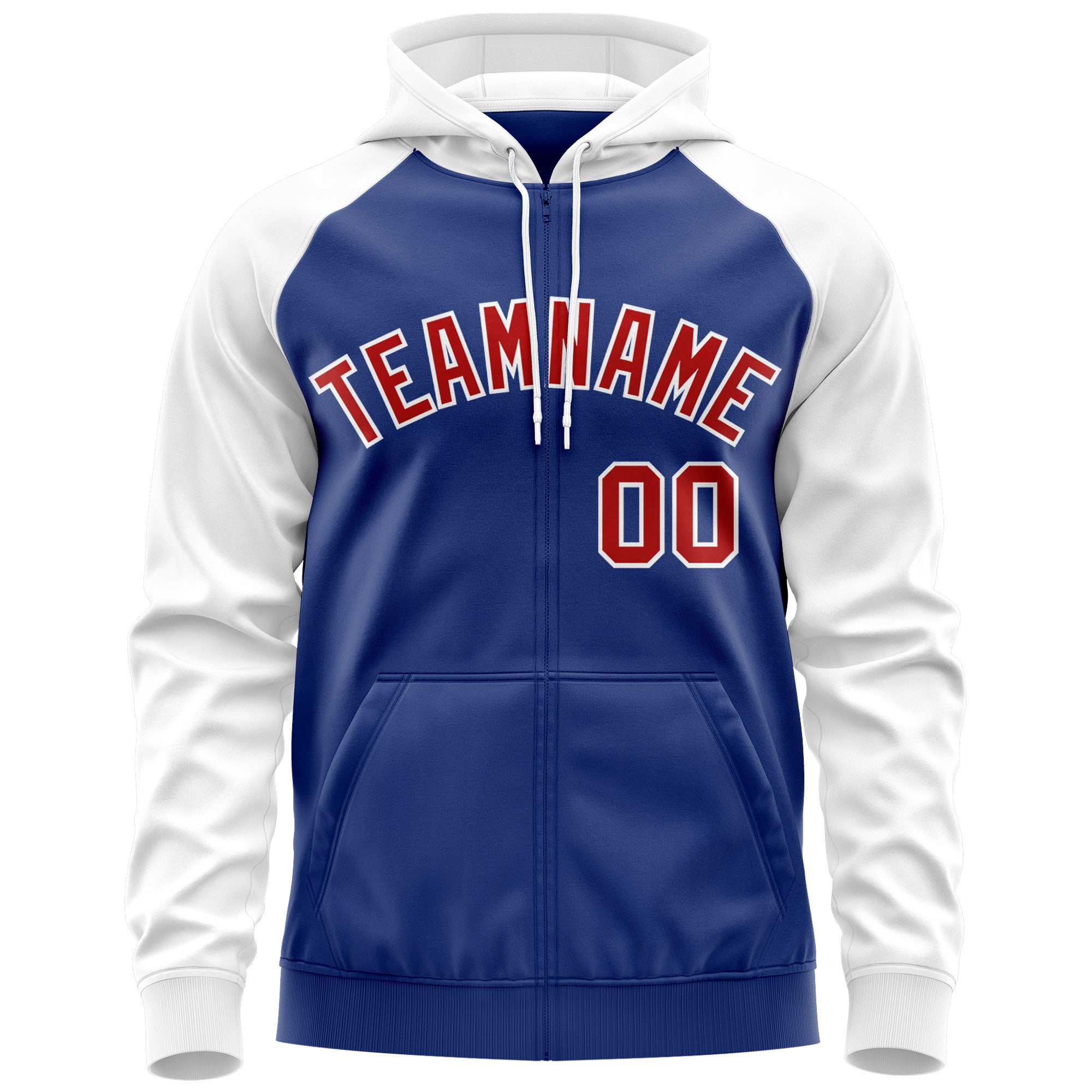 Custom Stitched Royal Red-White Raglan Sleeves Sports Full-Zip Sweatshirt Hoodie| KXKSHOP