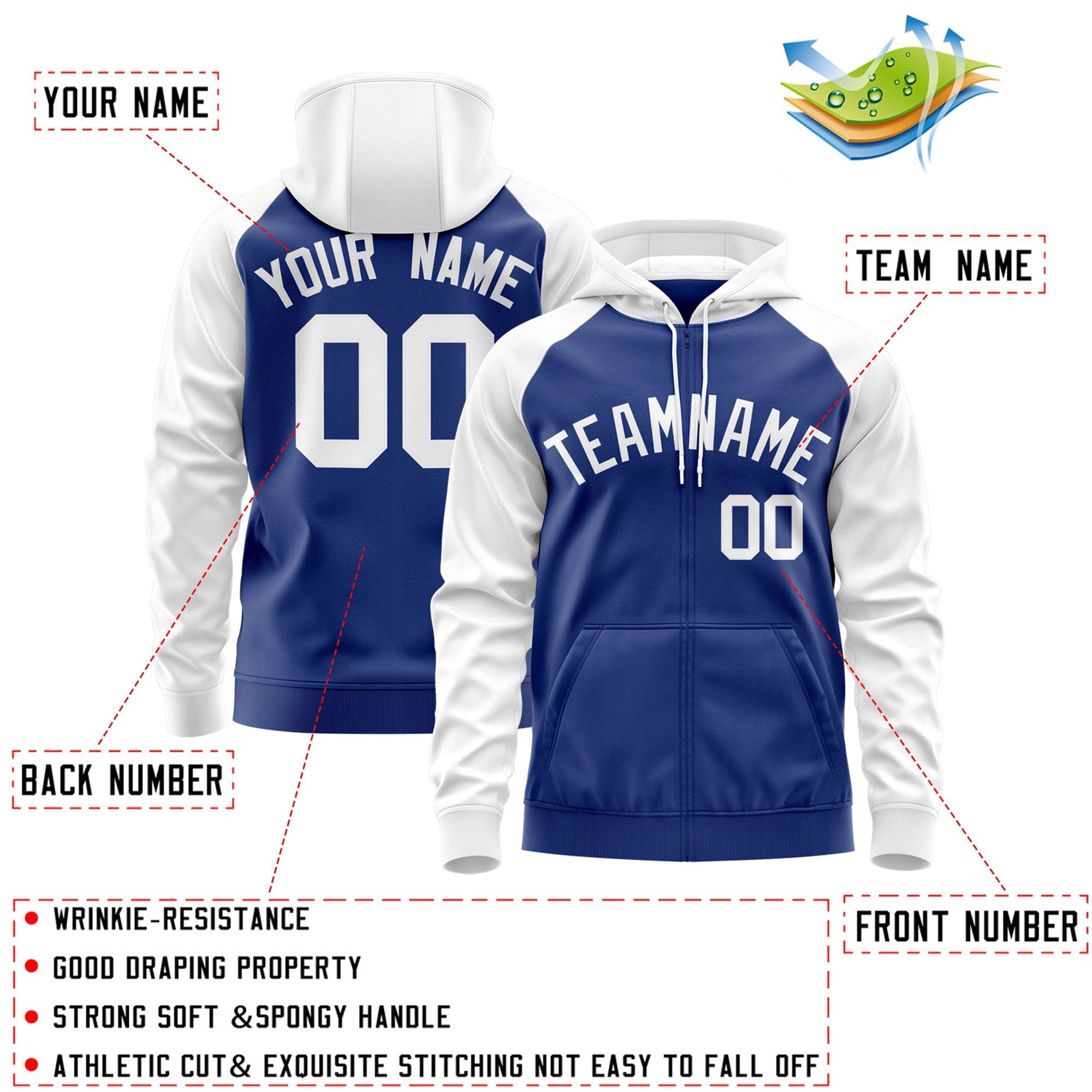 Custom Stitched Royal White Raglan Sleeves Sports Full-Zip Sweatshirt Hoodie| KXKSHOP