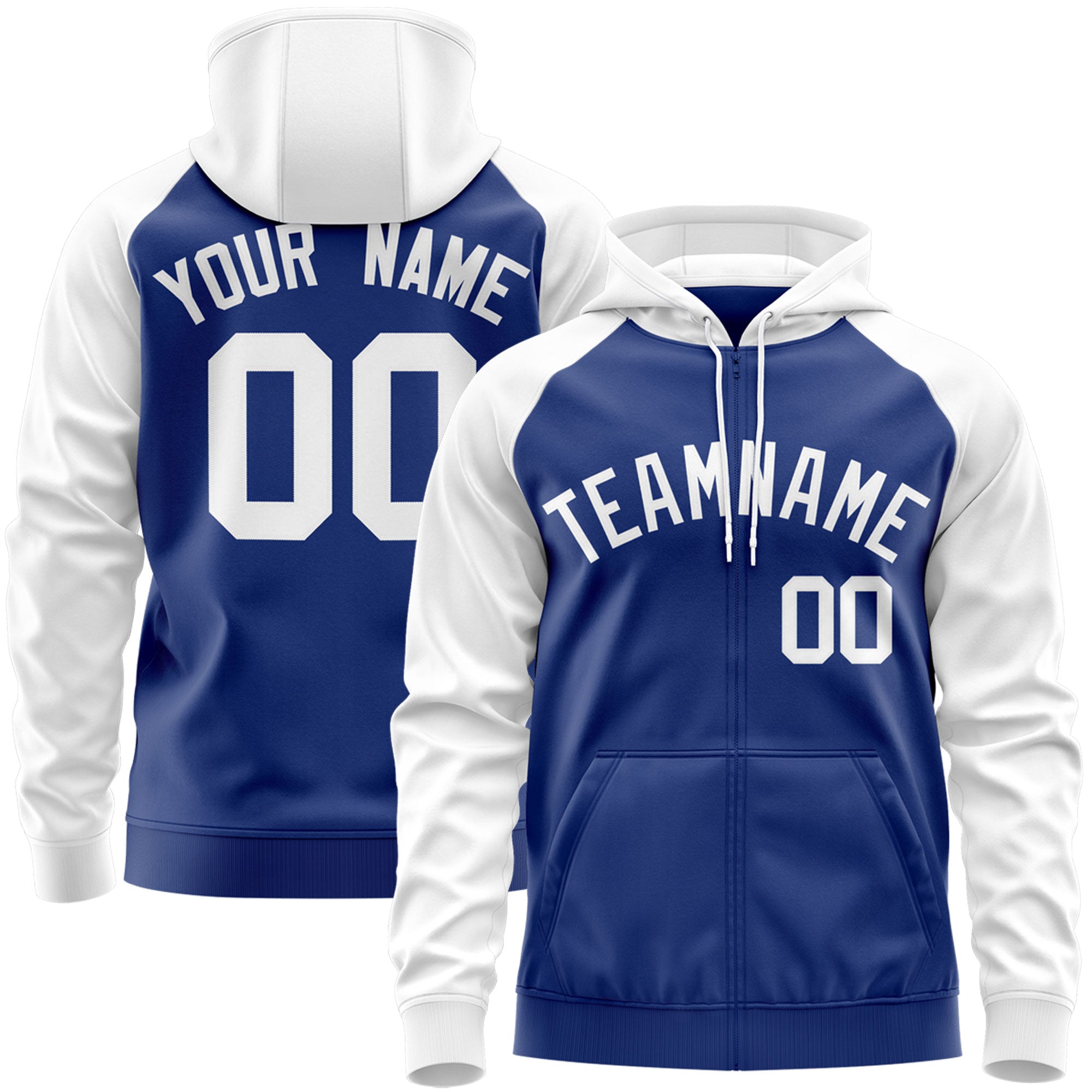 Custom Stitched Royal White Raglan Sleeves Sports Full-Zip Sweatshirt Hoodie| KXKSHOP