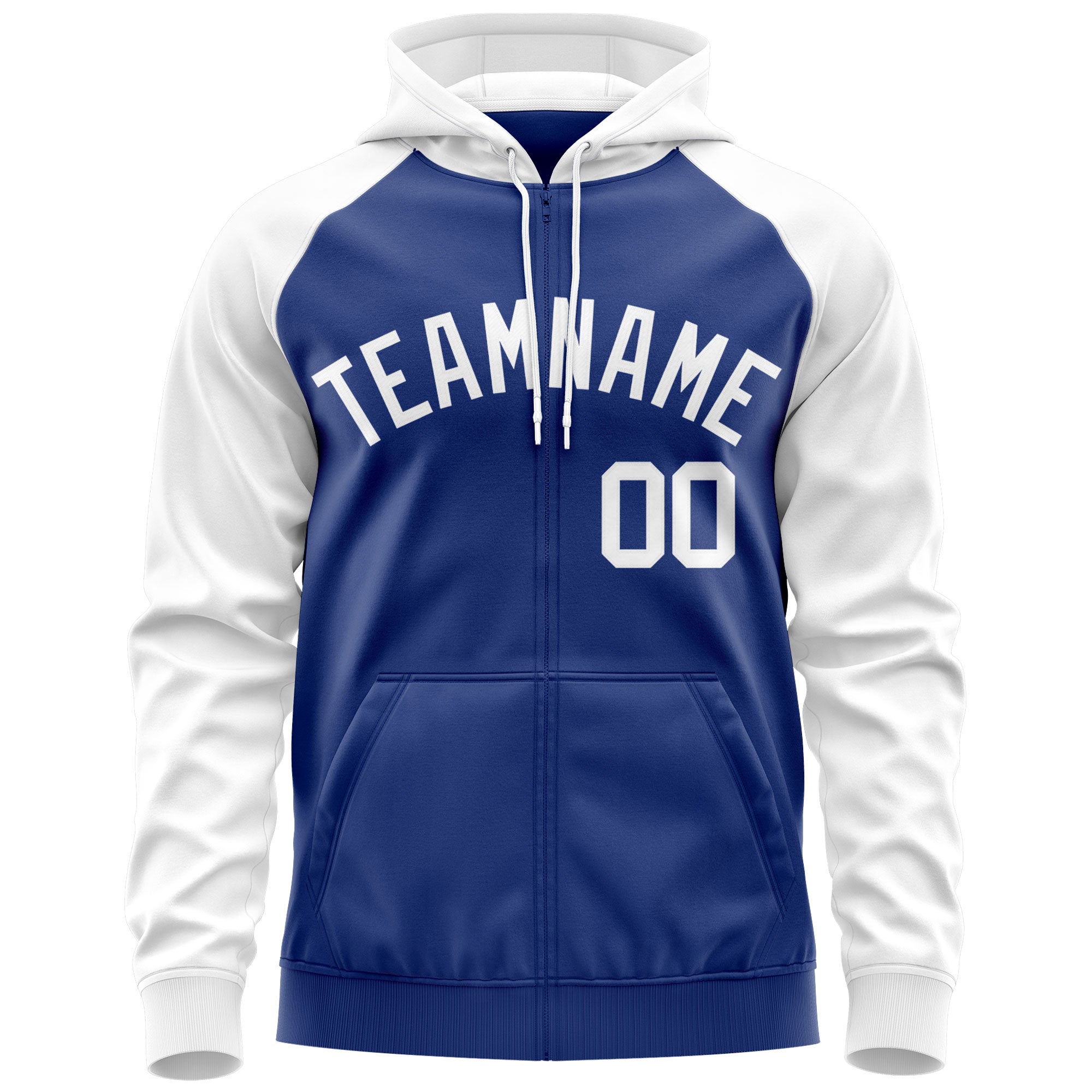 Custom Stitched Royal White Raglan Sleeves Sports Full-Zip Sweatshirt Hoodie| KXKSHOP