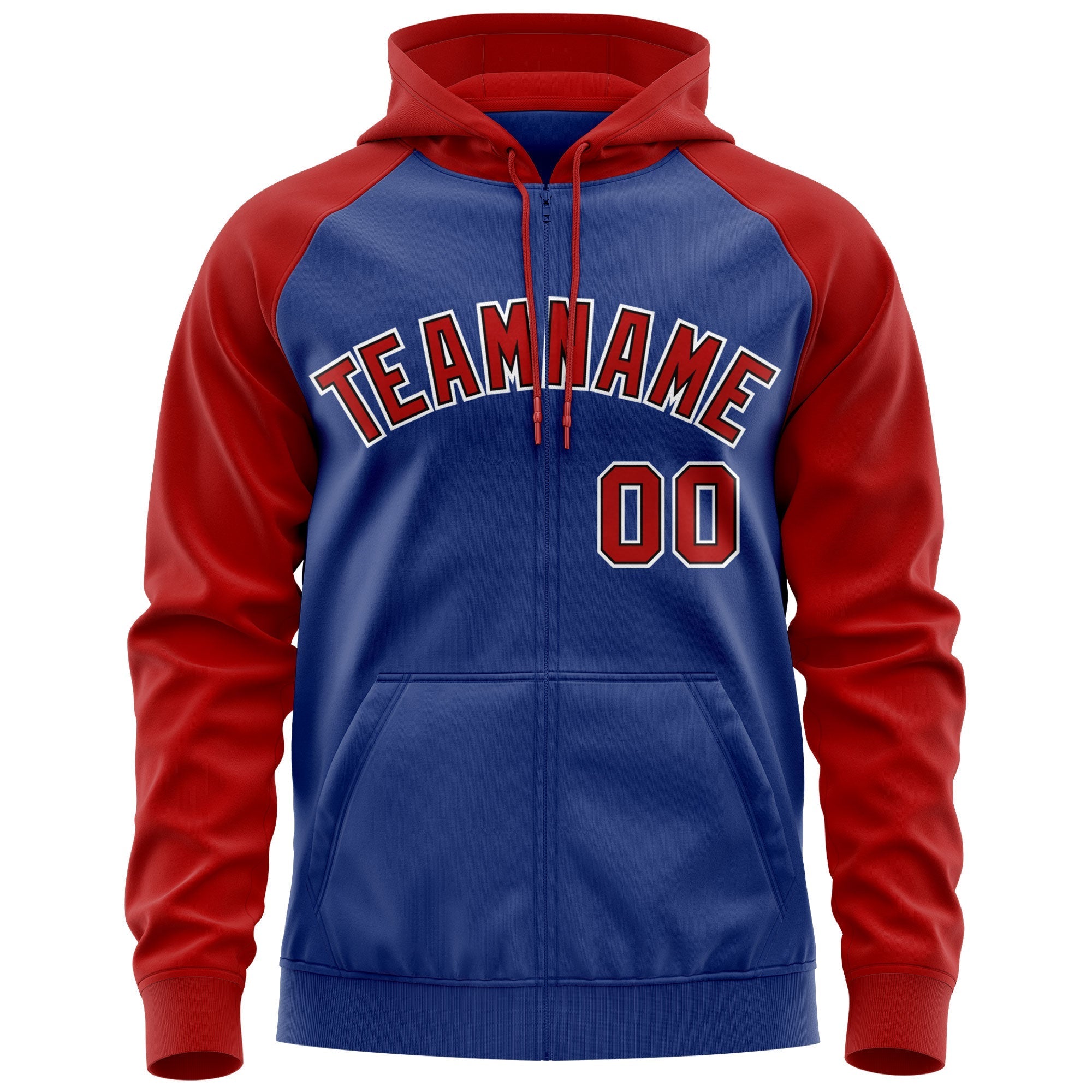 Custom Stitched Royal Red-White Raglan Sleeves Sports Full-Zip Sweatshirt Hoodie| KXKSHOP
