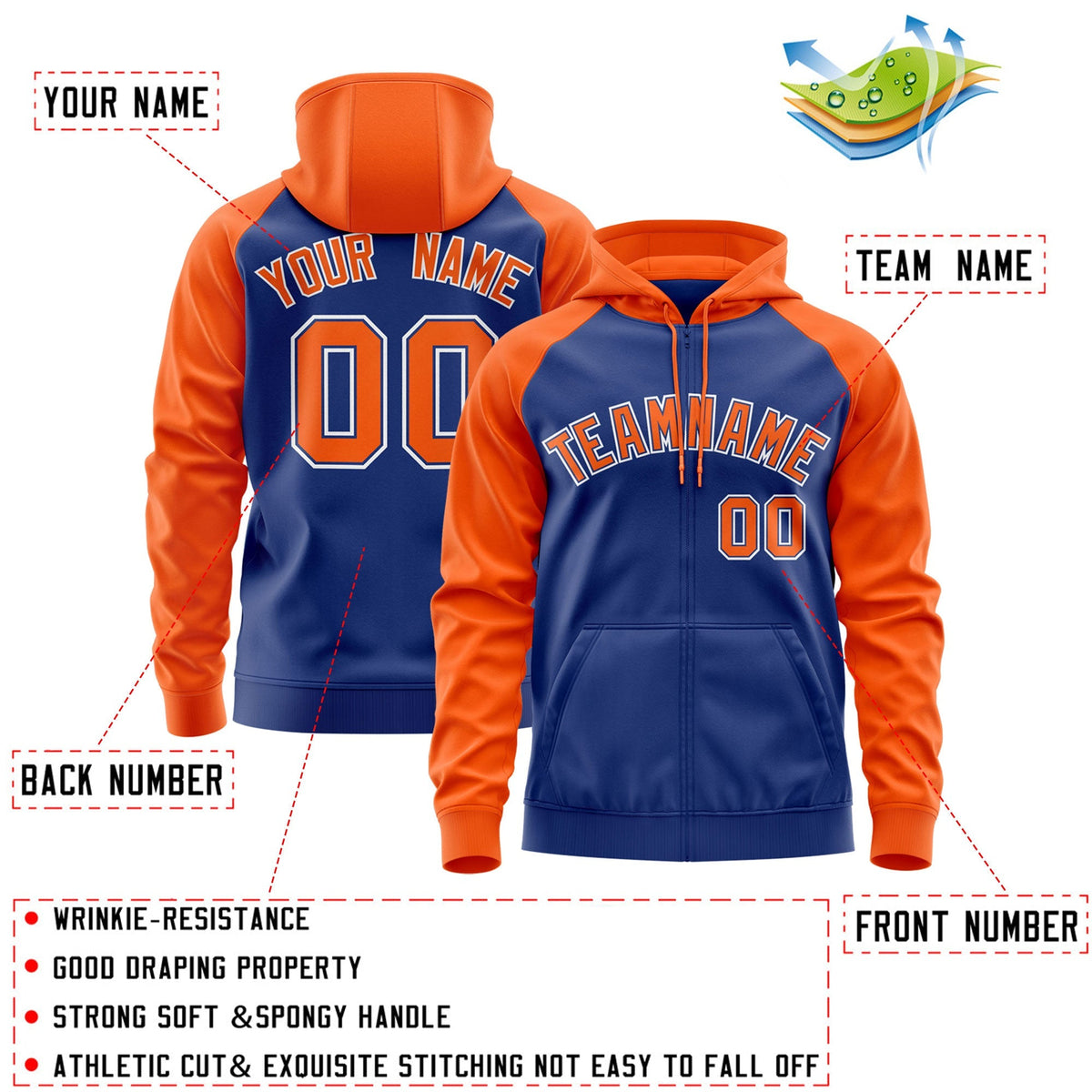 Custom Stitched Royal Orange-White Raglan Sleeves Sports Full-Zip Sweatshirt Hoodie| KXKSHOP